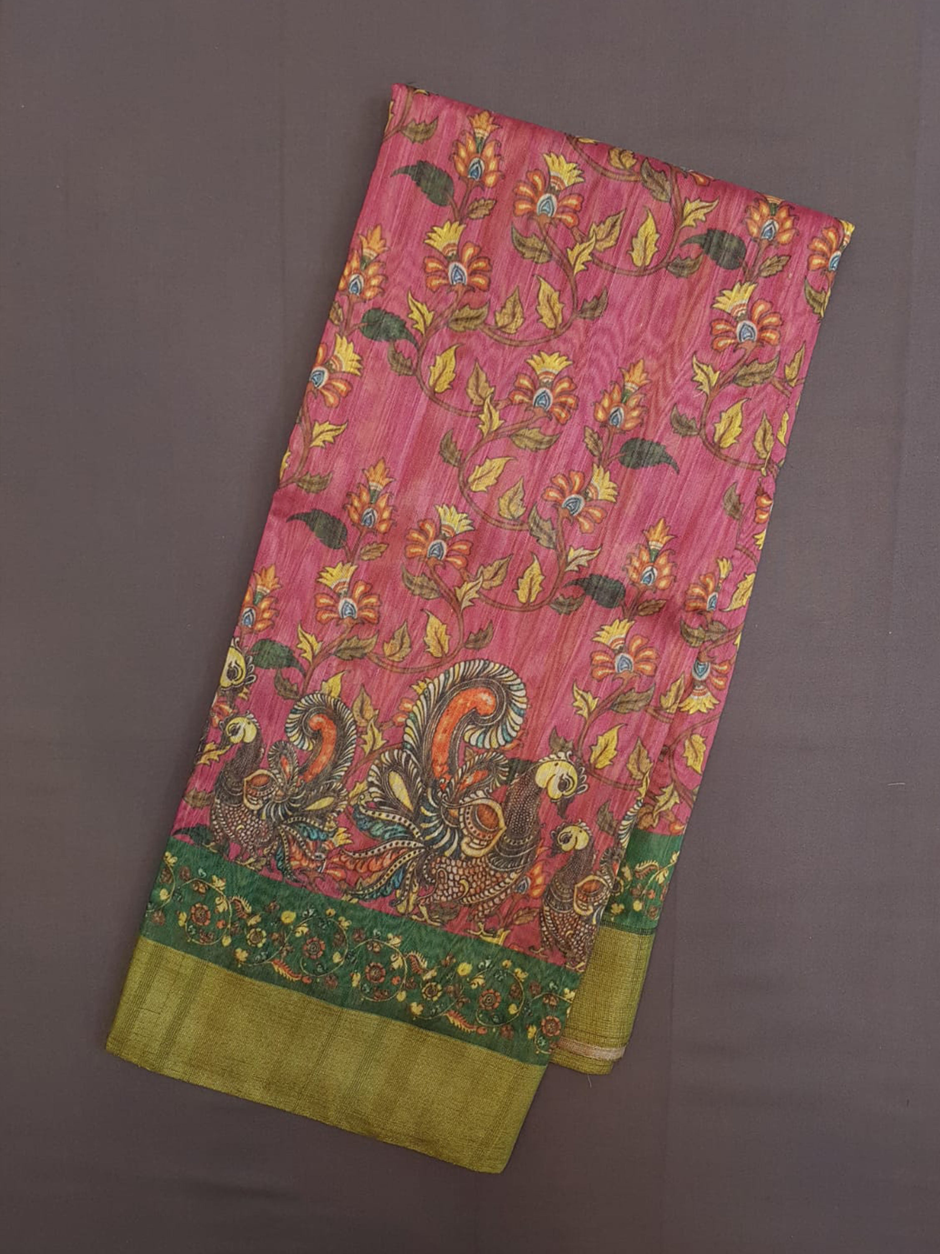 Pink and Green - Semi Chanderi with floral  print on the body and zari border - Shop on ShrusEternity.com