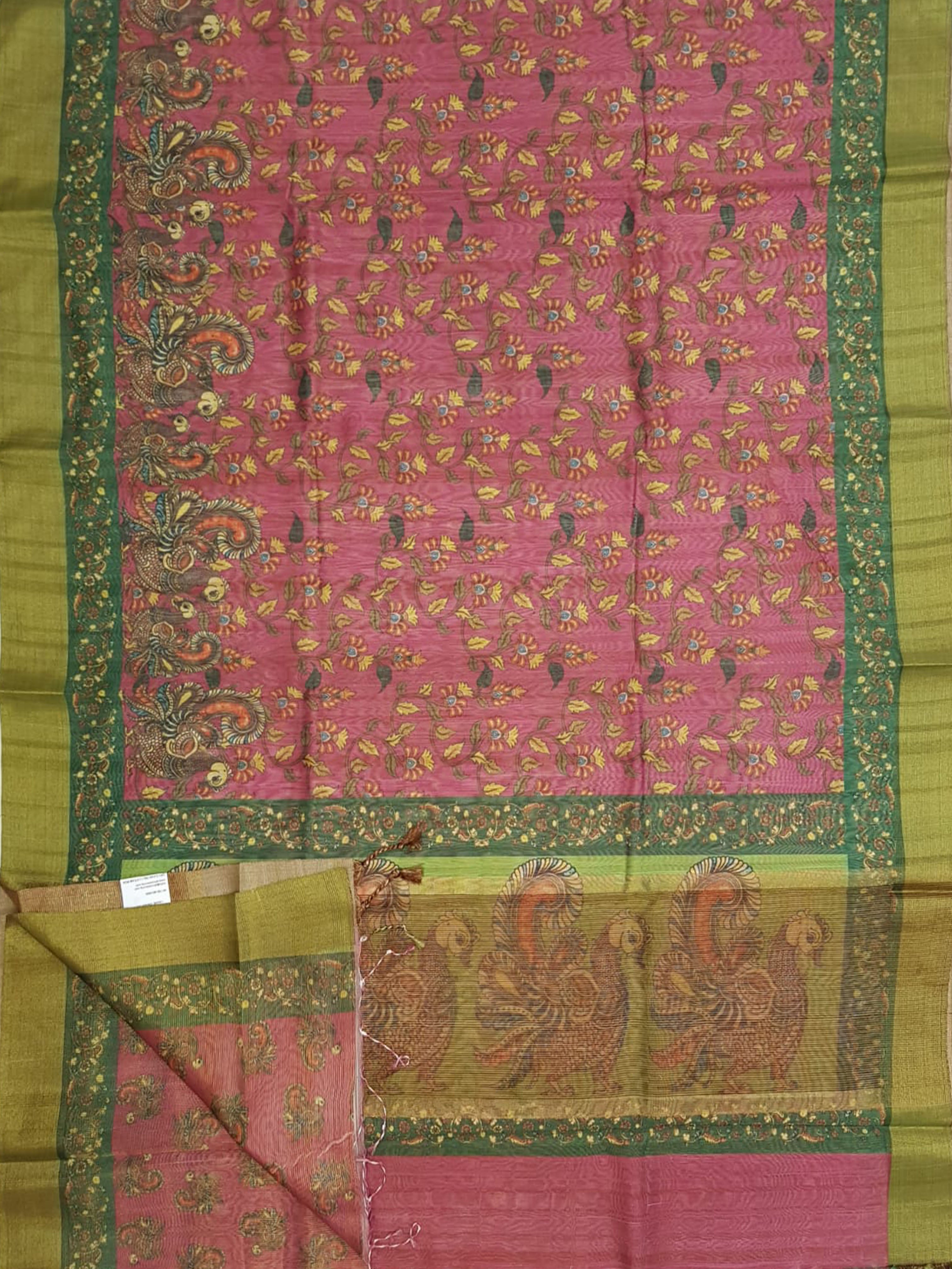 Pink and Green - Semi Chanderi with floral  print on the body and zari border - Shop on ShrusEternity.com