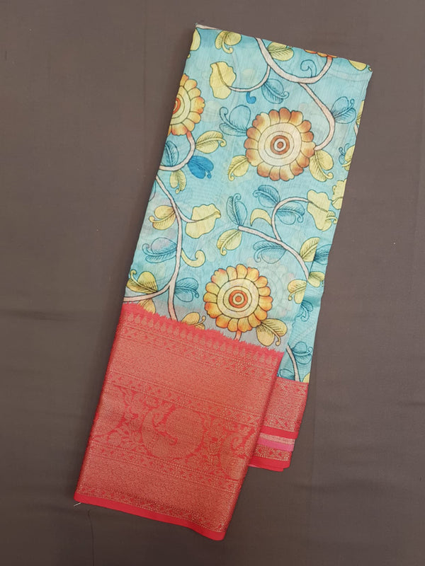 Blue and Pink- Semi Chanderi with floral print on the body and zari border - Shop on ShrusEternity.com