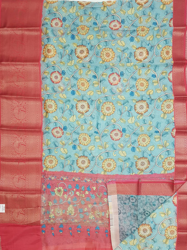 Blue and Pink- Semi Chanderi with floral print on the body and zari border - Shop on ShrusEternity.com