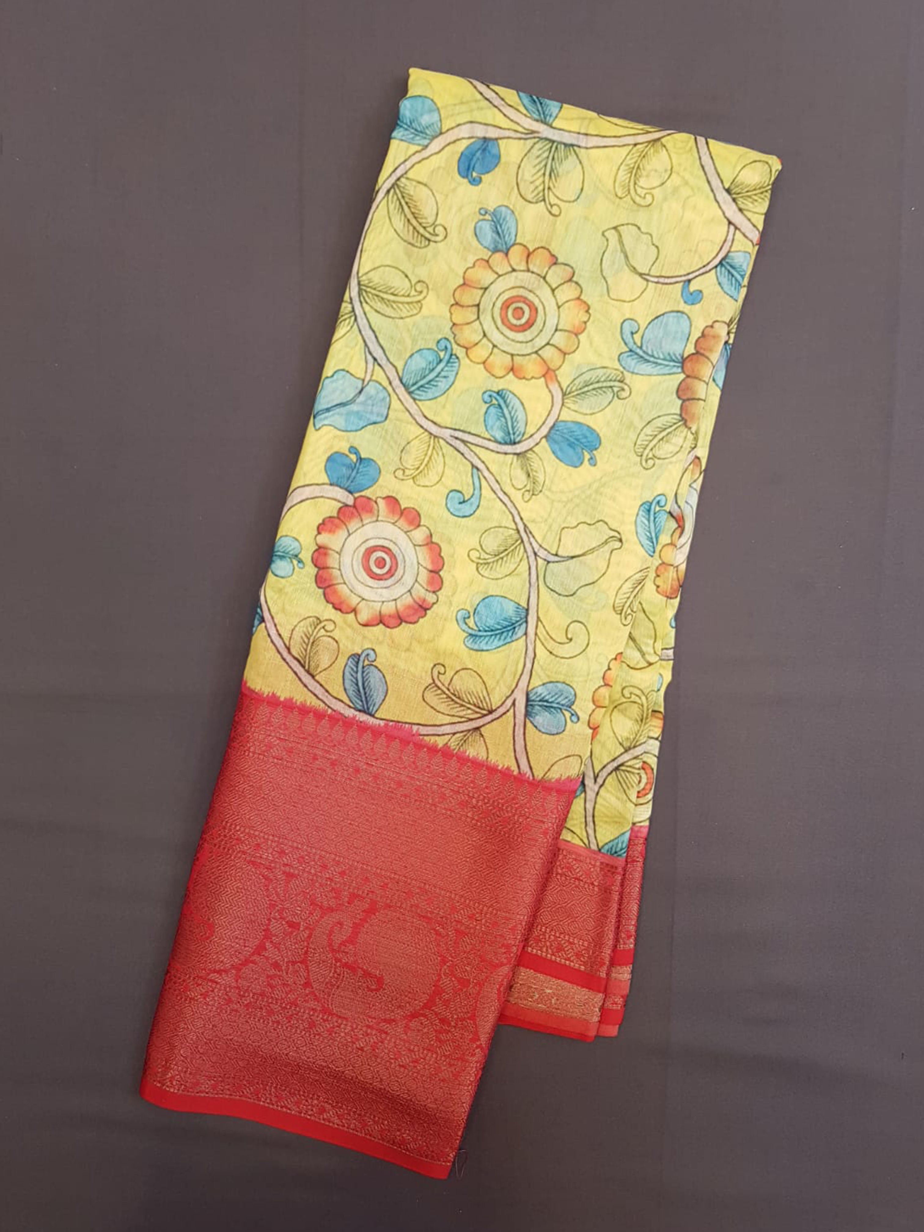 Yellow and Pink- Semi Chanderi with floral print on the body and zari border - Shop on ShrusEternity.com