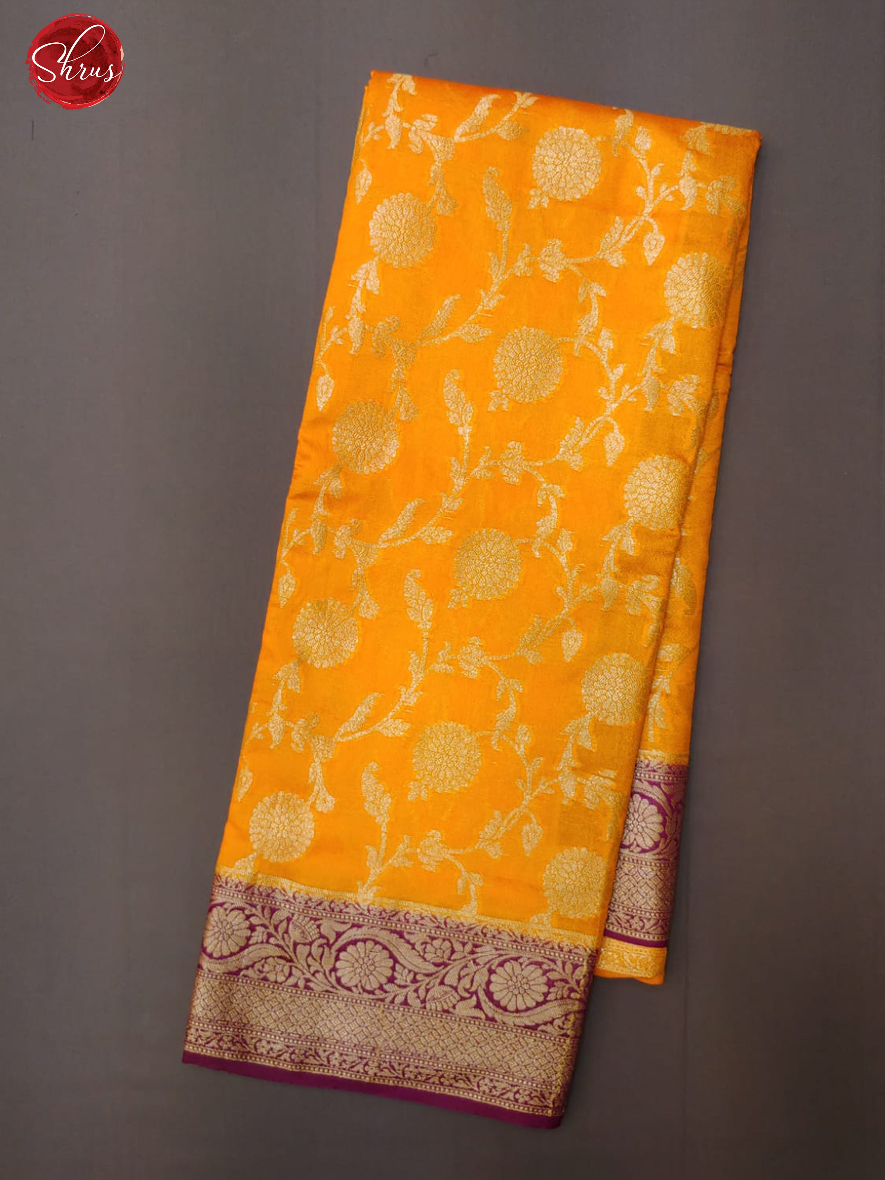 Yellow& Purple- Semi Georgette Silk with floral nestling brocade on the body & Contrast Zari Border - Shop on ShrusEternity.com
