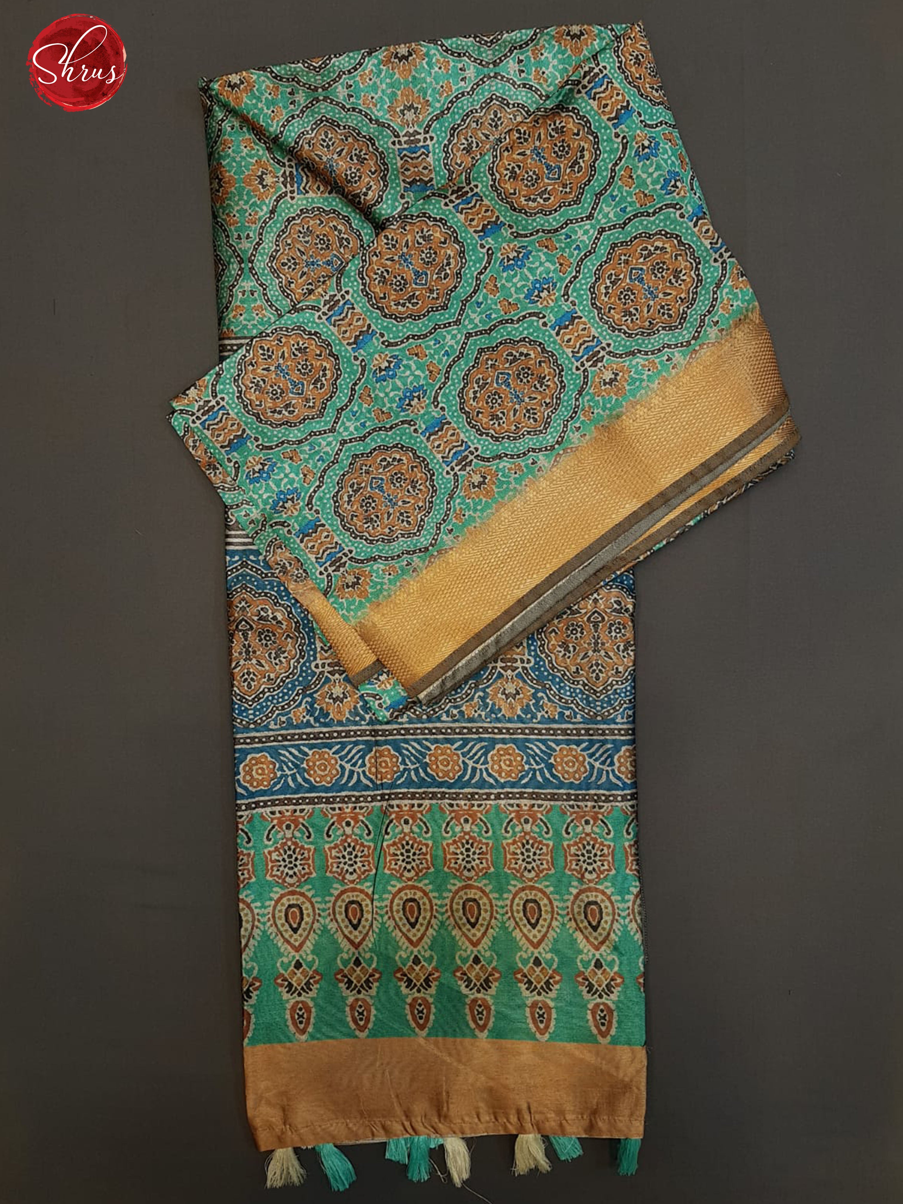 Green & Blue - Semi Jute with Floral print on the body& Zari Border - Shop on ShrusEternity.com