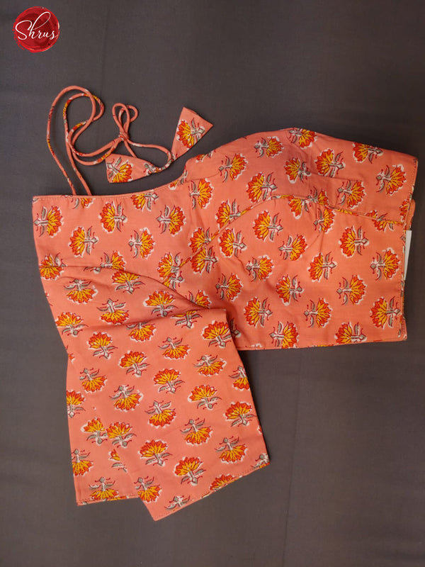 Orange - Cotton floral printed Readymade blouse with front hook , U- neckline , half sleeve & Size - 38 - Shop on ShrusEternity.com