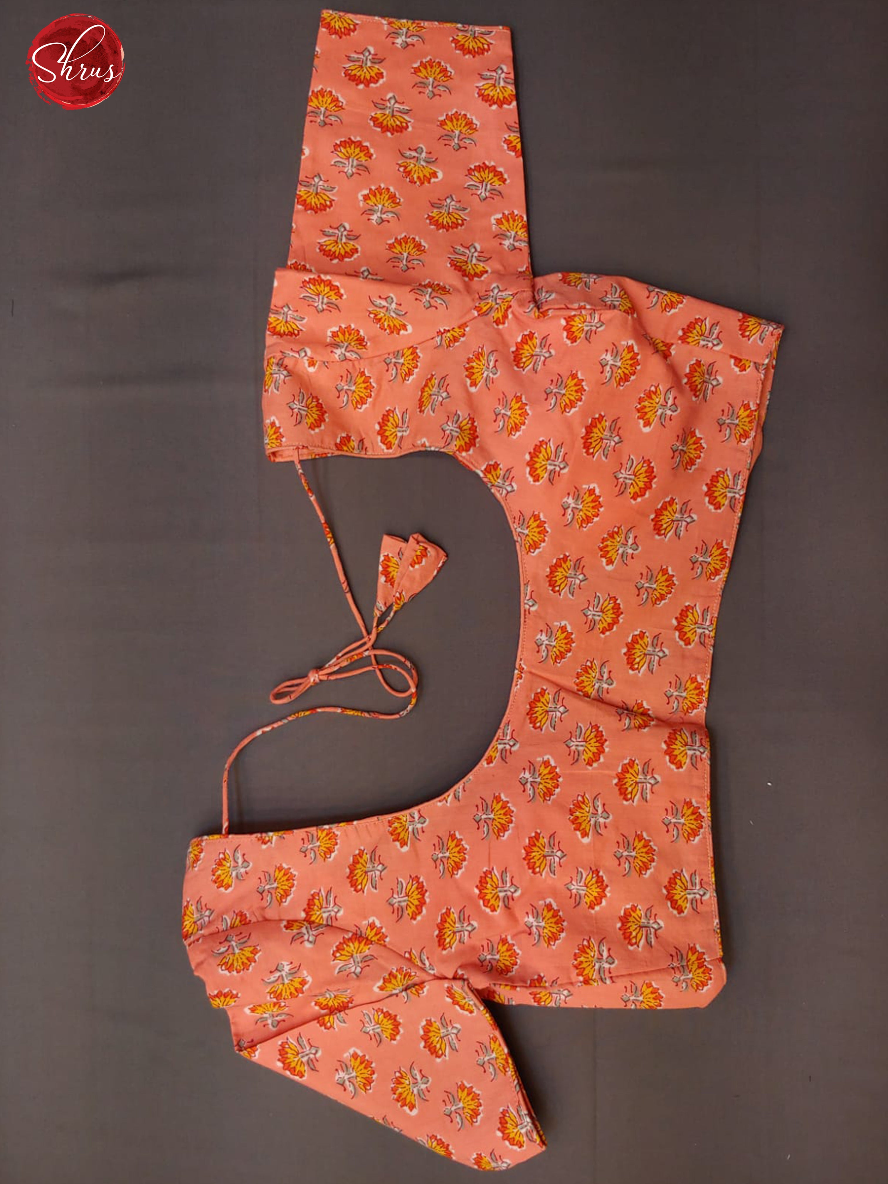 Orange - Cotton floral printed Readymade blouse with front hook , U- neckline , half sleeve & Size - 38 - Shop on ShrusEternity.com