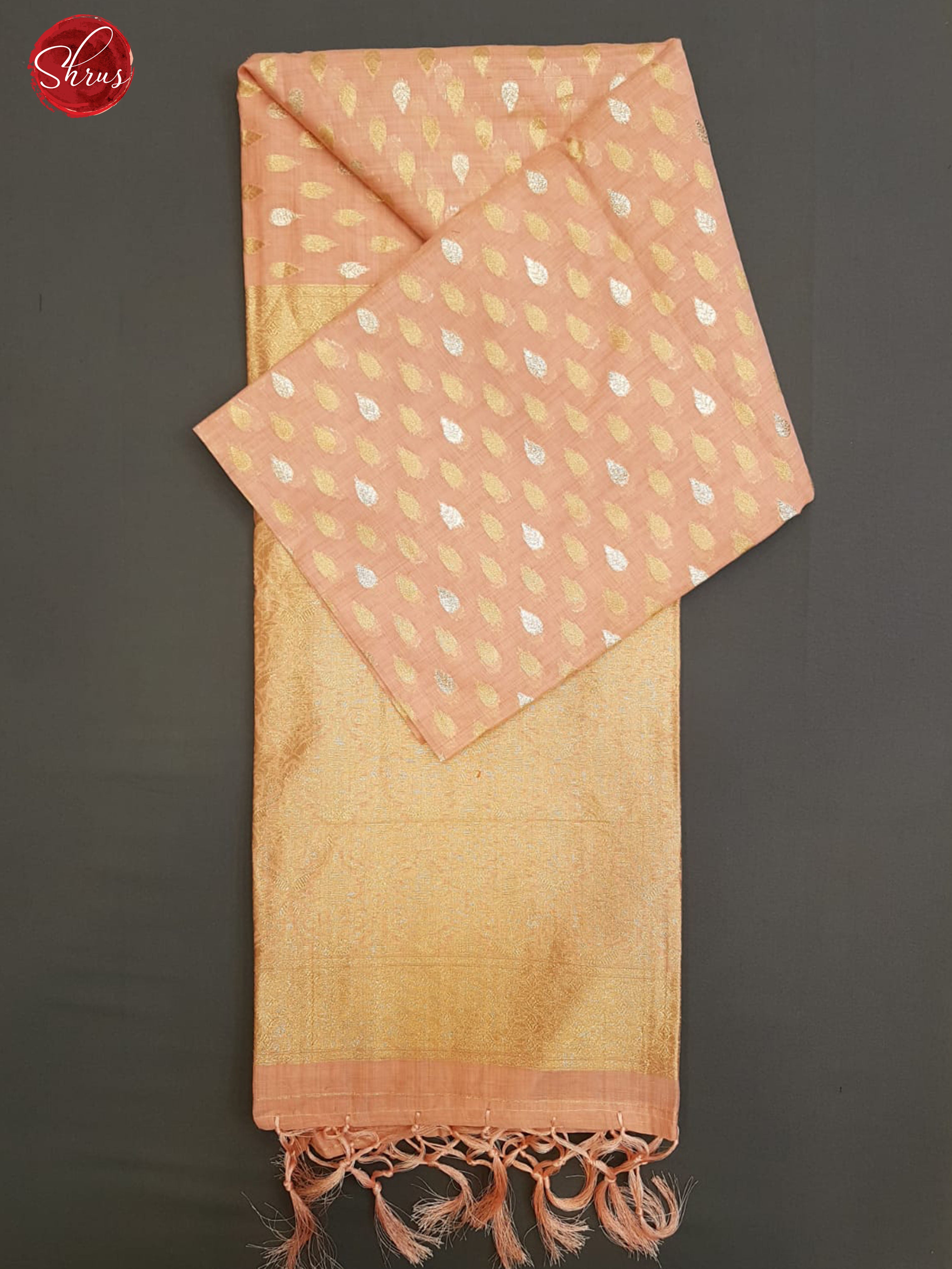 Peach(Single Tone)- Semi Banarasi with gold , silver zari buttas on the body & zari border - Shop on ShrusEternity.com