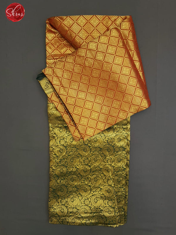 Red & Green- Semi Kanchipuram Dola Silk with zari woven brocade on the body & Contrast zari Border - Shop on ShrusEternity.com