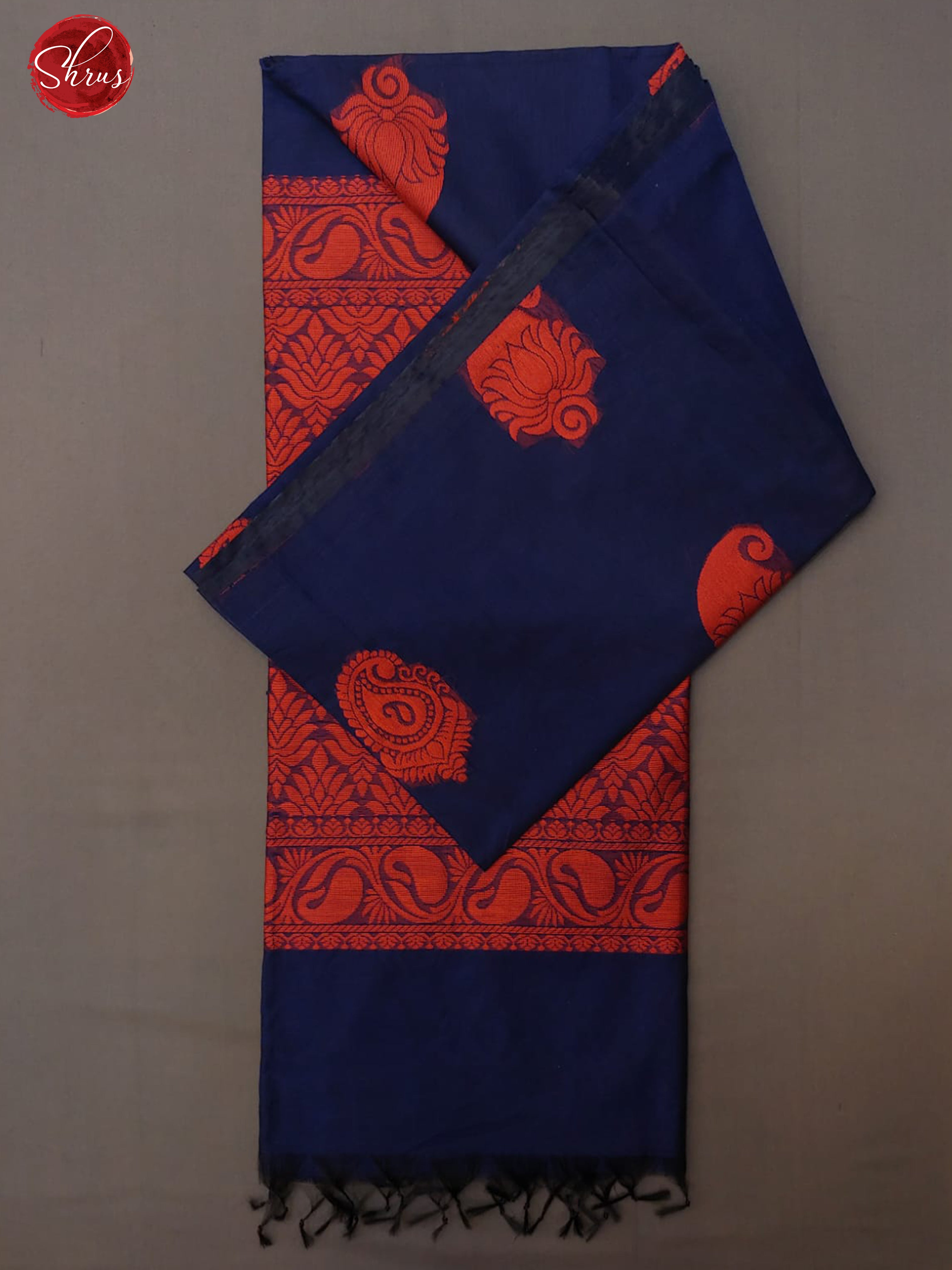 Navy Blue(Single Tone)- Borderless Semi Silk Cotton with thread woven floral motifs on the body - Shop on ShrusEternity.com