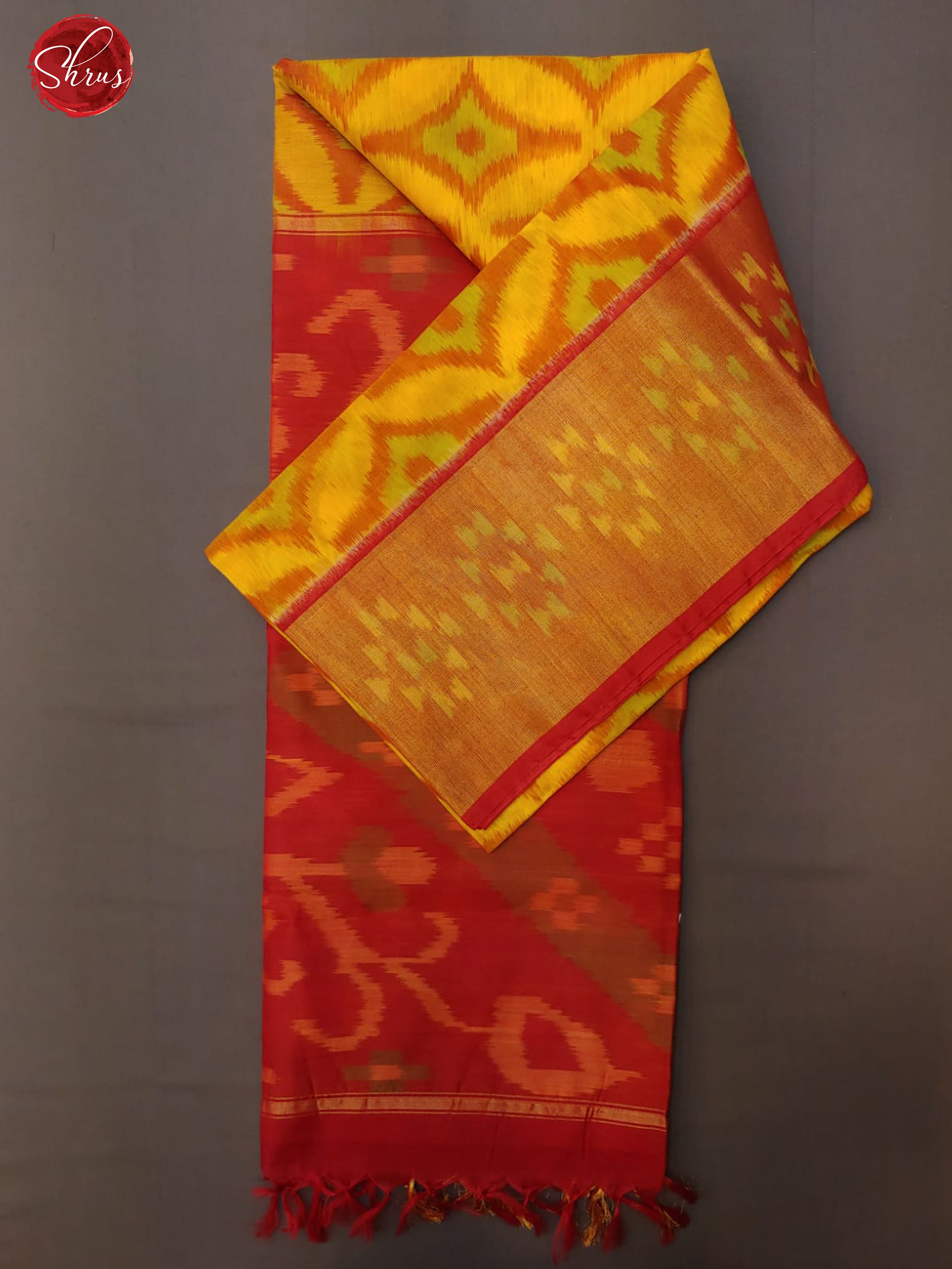 Yellow & Red - Pochampally Silk Cotton with ikkat floral pattern on the body & Contrast Border - Shop on ShrusEternity.com