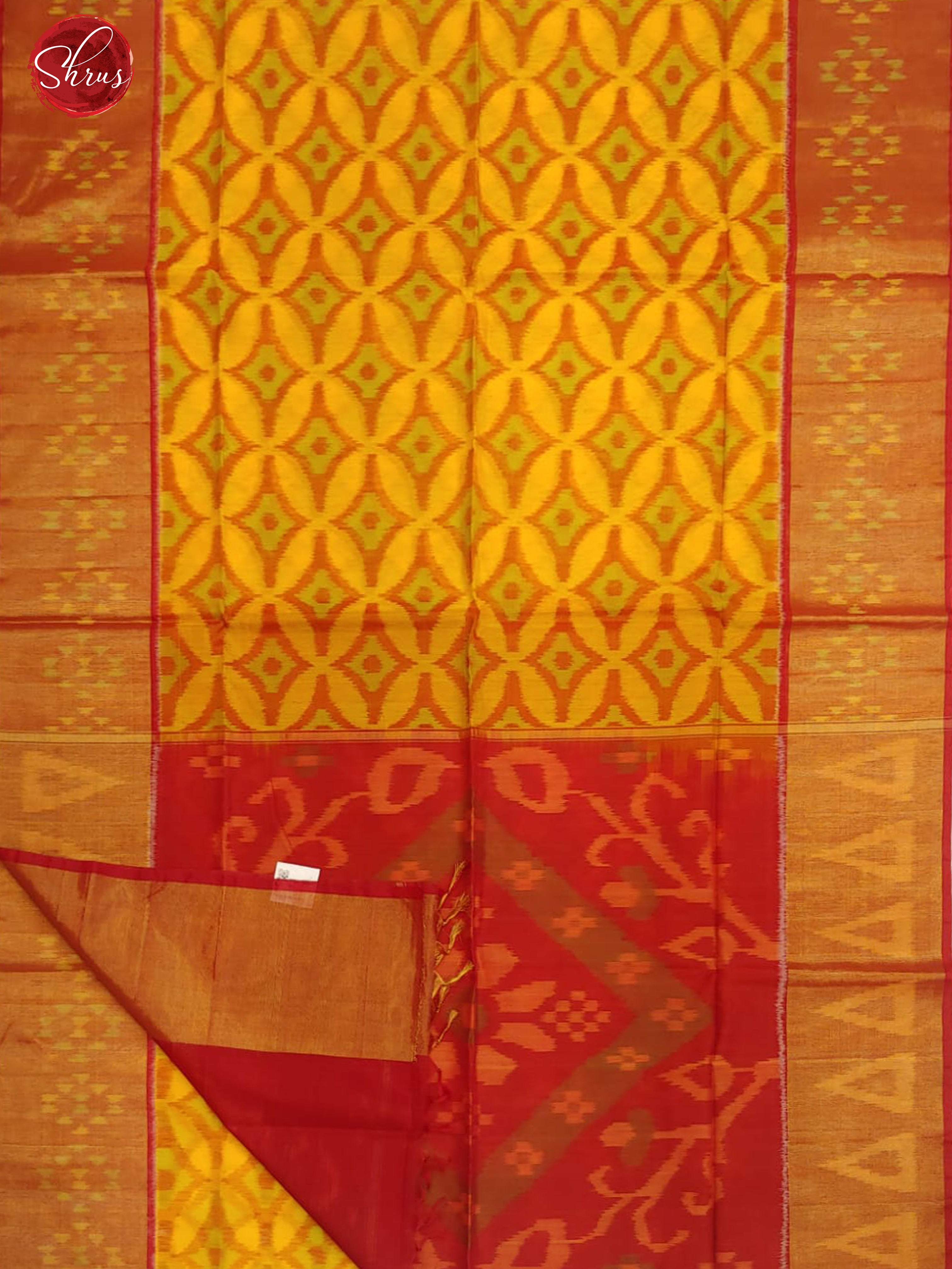 Yellow & Red - Pochampally Silk Cotton with ikkat floral pattern on the body & Contrast Border - Shop on ShrusEternity.com