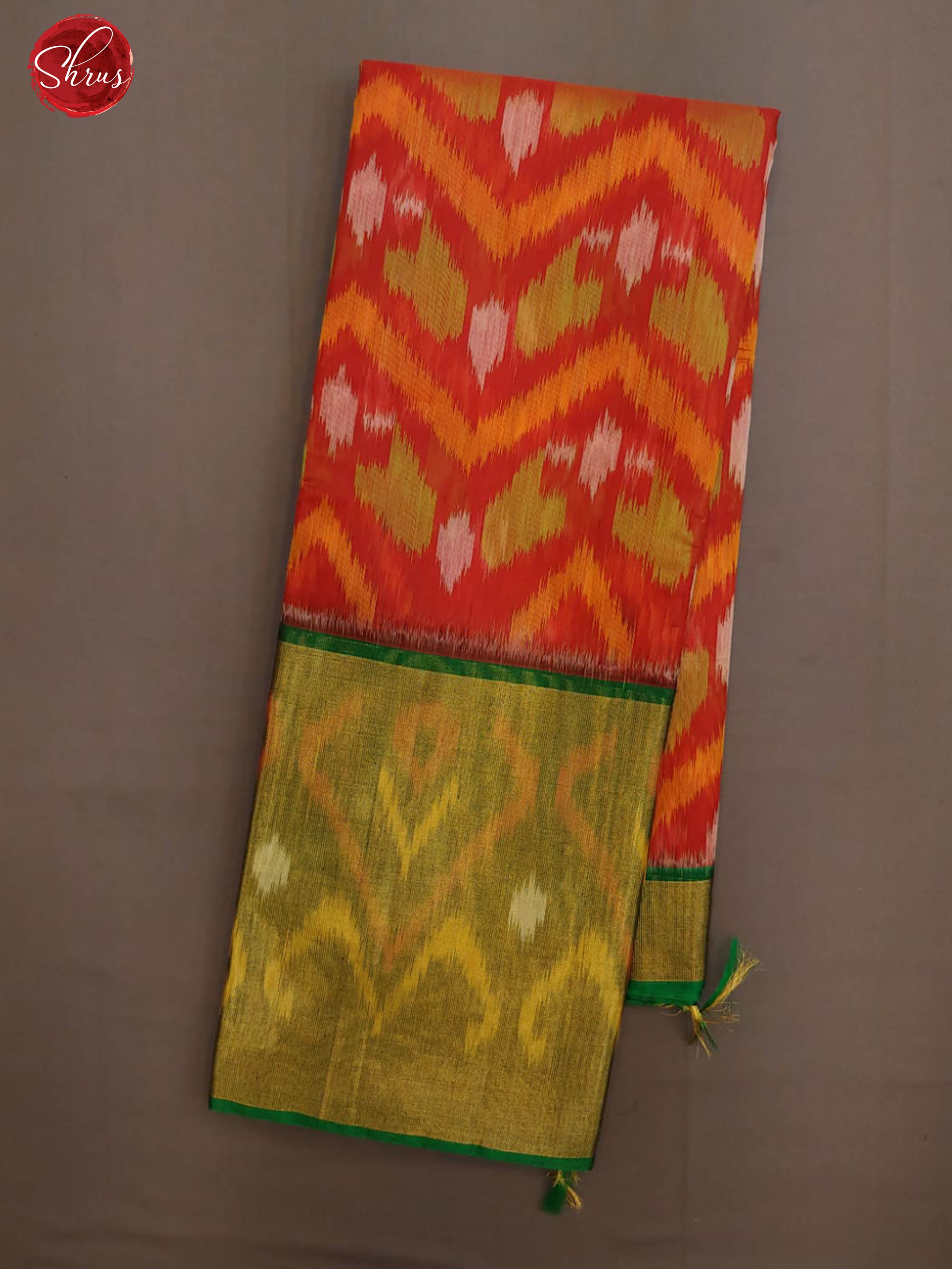 Red & Green - Pochampally Silk Cotton with ikkat floral pattern on the body & Contrast Border - Shop on ShrusEternity.com