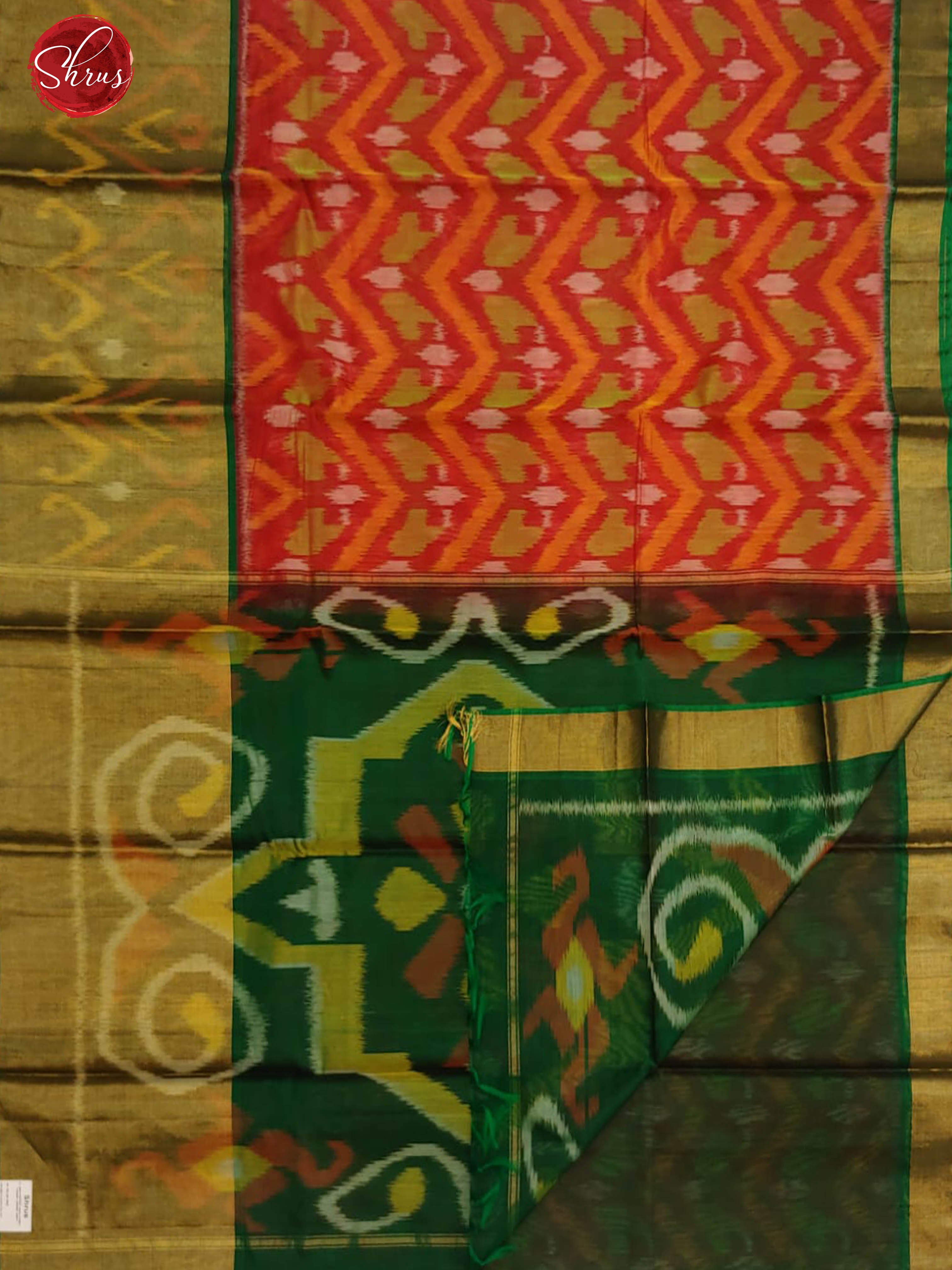 Red & Green - Pochampally Silk Cotton with ikkat floral pattern on the body & Contrast Border - Shop on ShrusEternity.com
