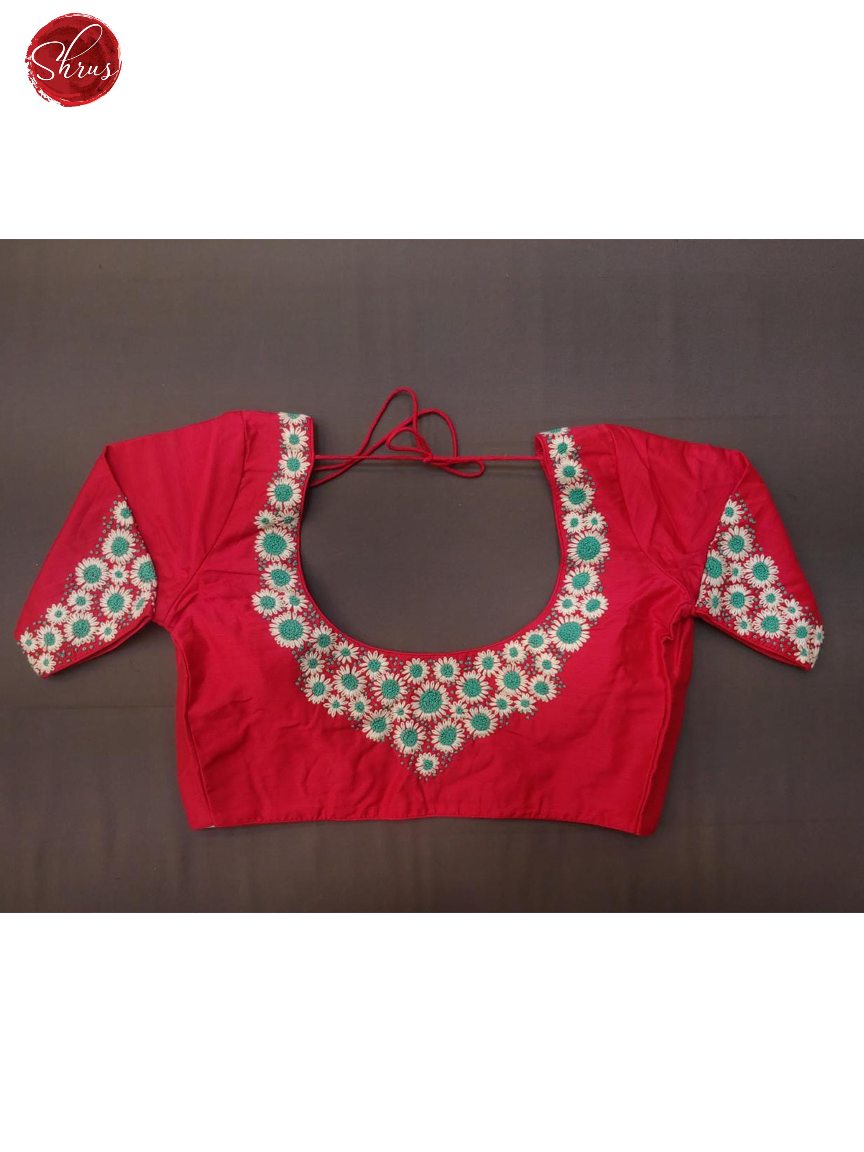 Red -  Readymade embroidered floral  Blouse with front hook, short  sleeves , U shaped - neckline & Size - 34 - Shop on ShrusEternity.com