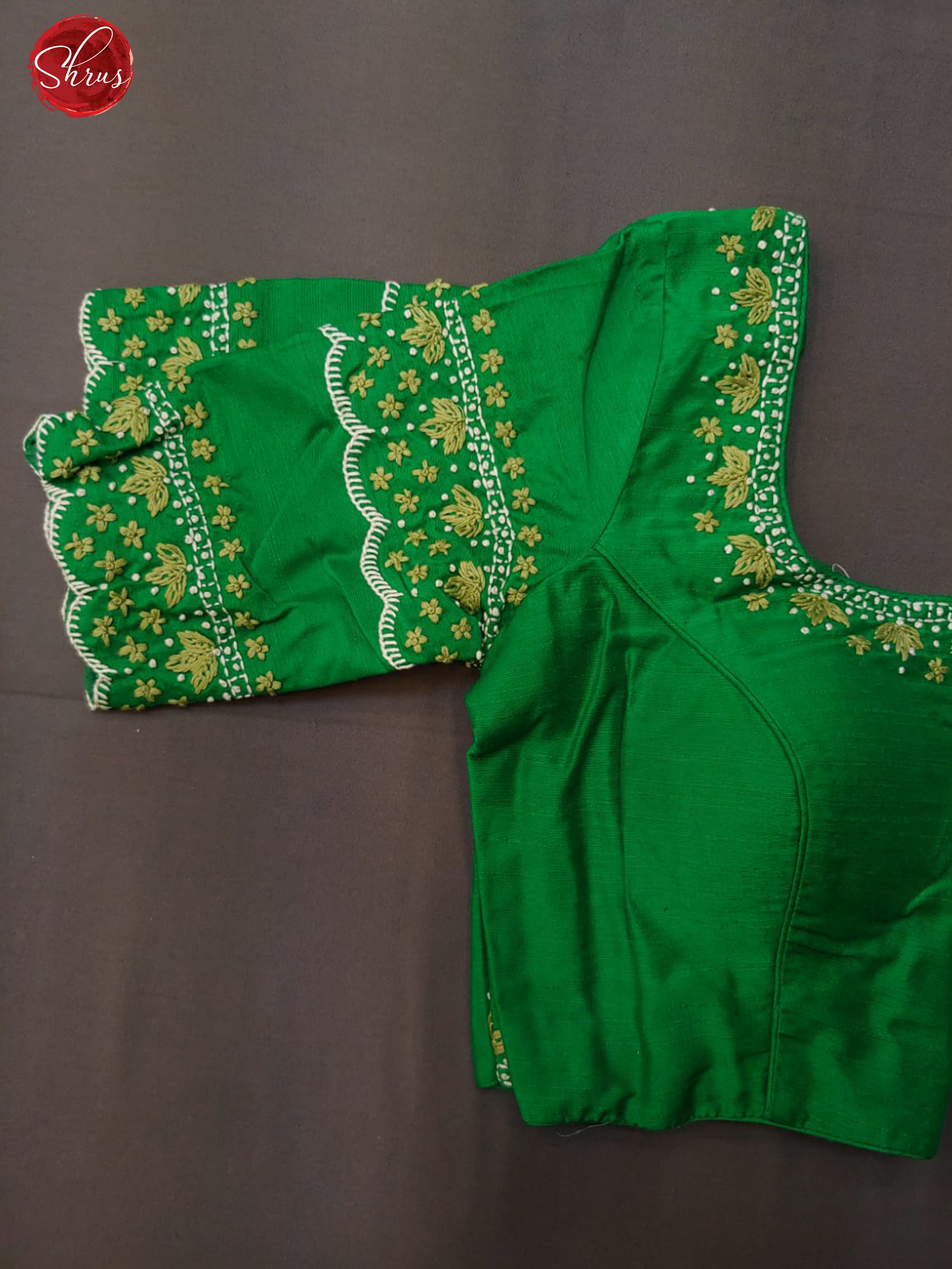 Green -  Readymade embroidered   Blouse with front hook, short  sleeves , U shaped - neckline & Size - 34 - Shop on ShrusEternity.com