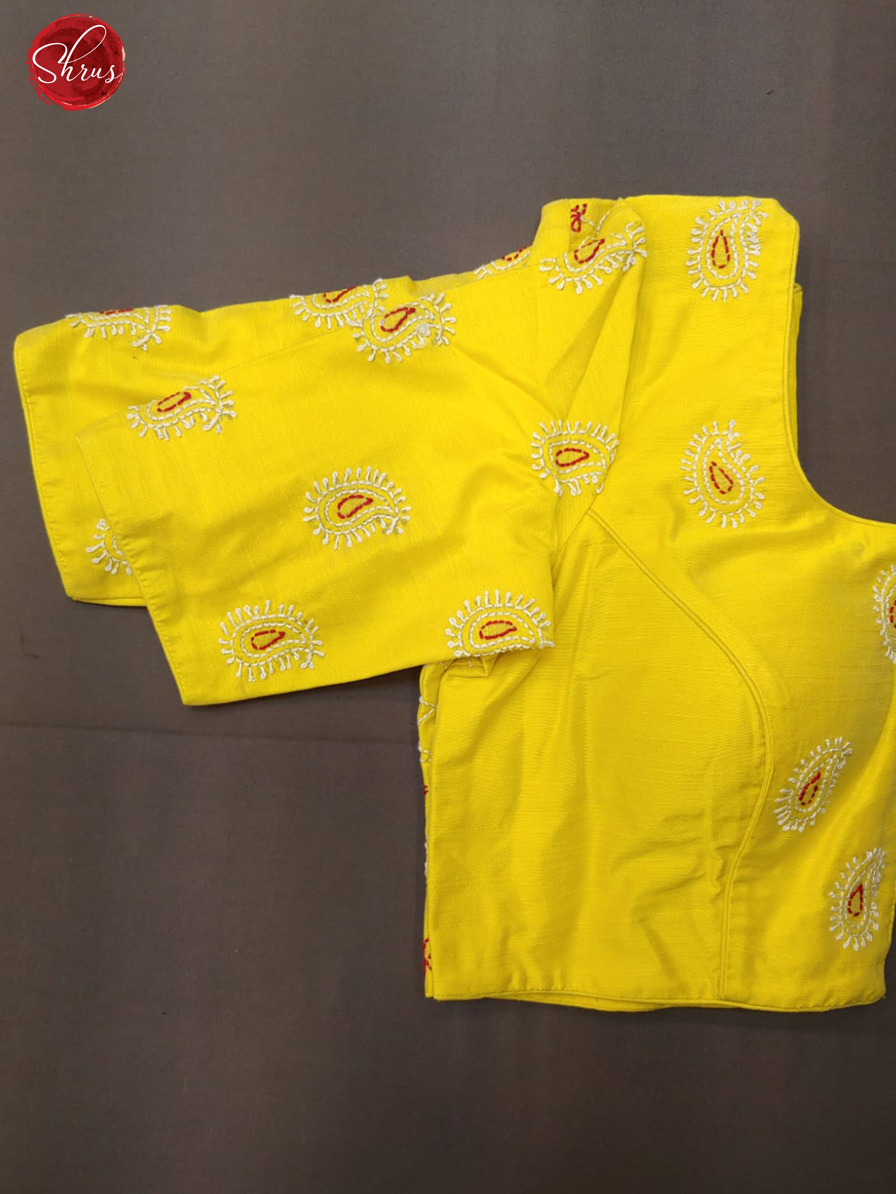 Lime Yellow-Readymade embroidered  Blouse with front hook, short  sleeves , U shaped - neckline & Size - 34 - Shop on ShrusEternity.com