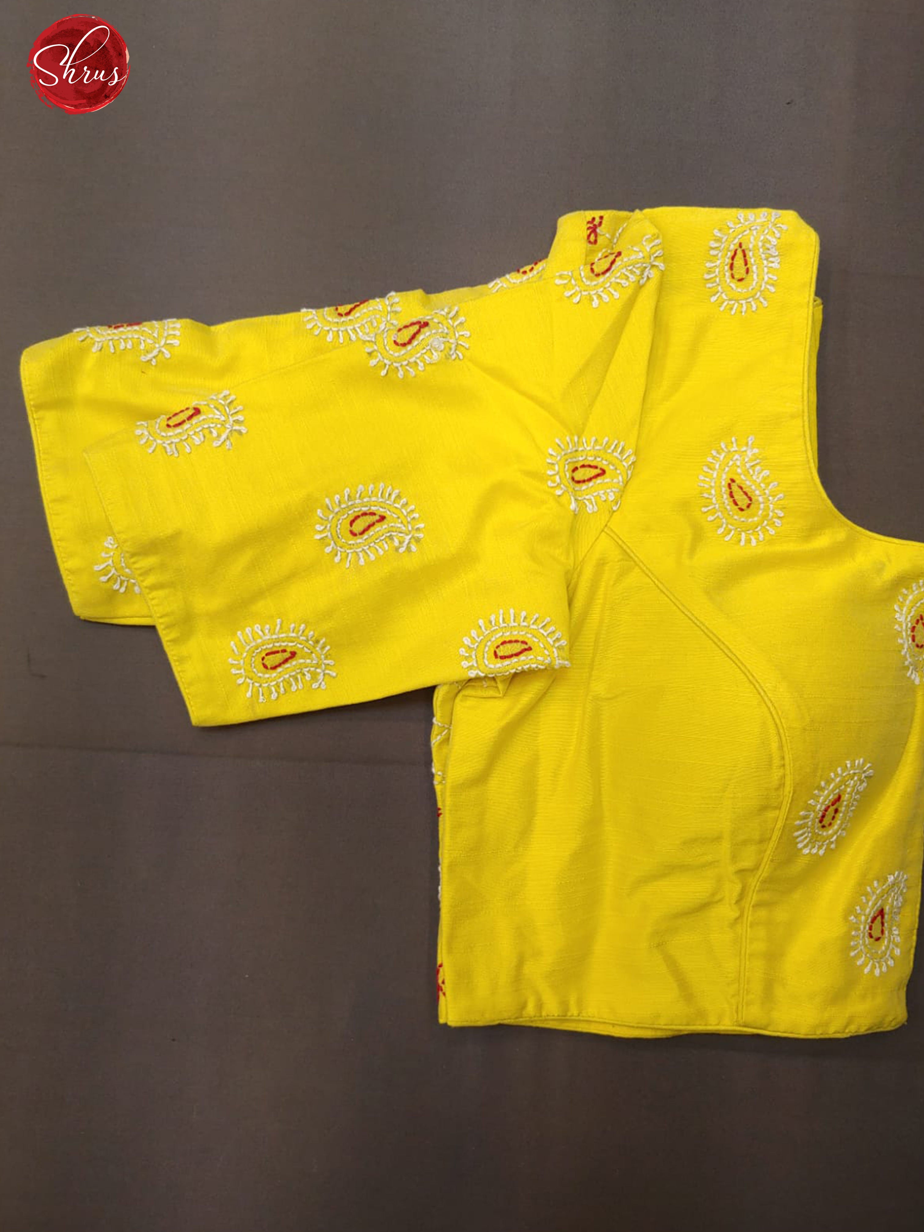 Lime Yellow -  Readymade embroidered  Blouse with front hook, short  sleeves ,  boat neckline & Size - 38 - Shop on ShrusEternity.com