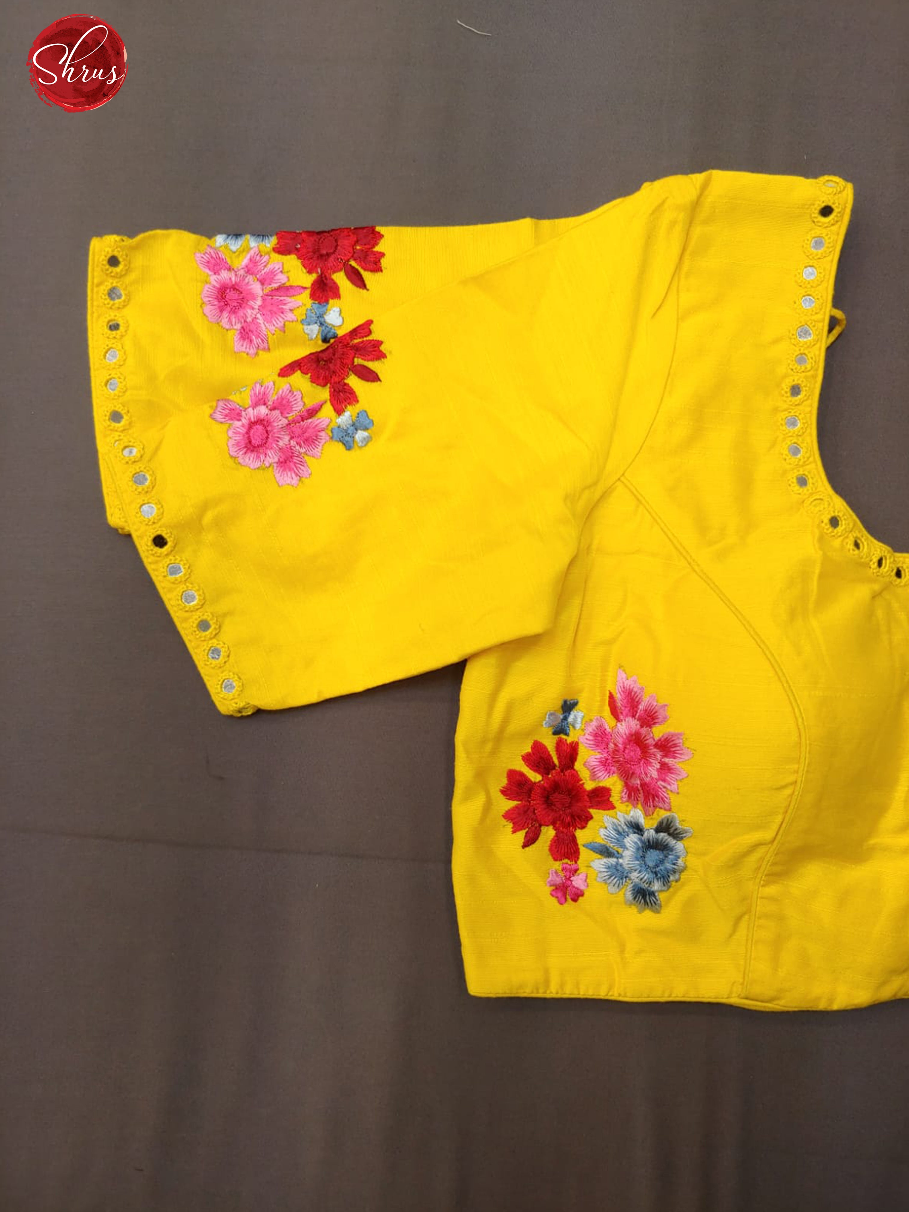 Yellow- Readymade embroidered , Mirror work Blouse with front hook, short  sleeves , U shaped - neckline & Size - 34 - Shop on ShrusEternity.com