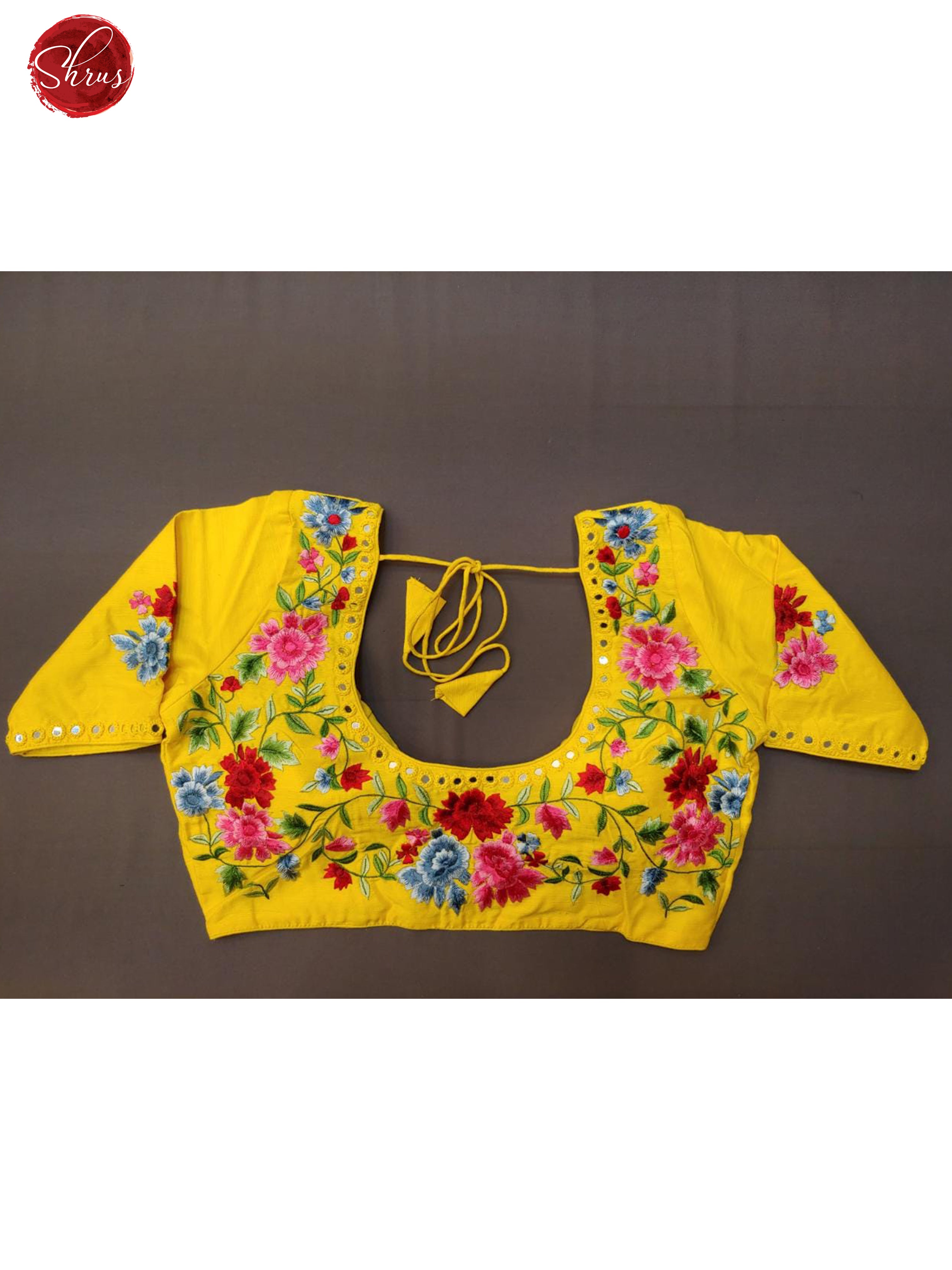Yellow- Readymade embroidered , Mirror work Blouse with front hook, short  sleeves , U shaped - neckline & Size - 34 - Shop on ShrusEternity.com