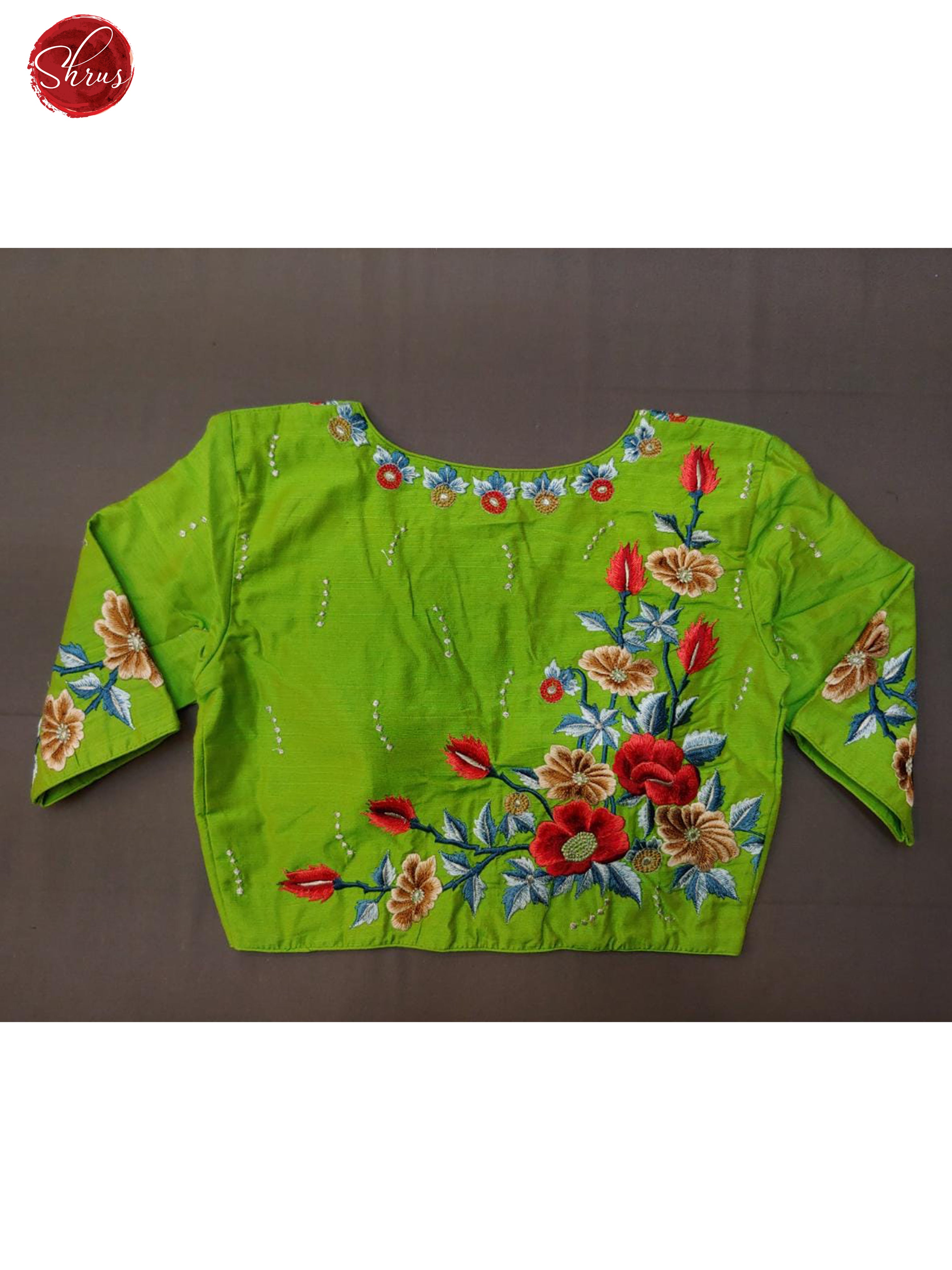 ParrotGreen -  Readymade Blouse with floral embroidery , front hook , boat neck , short sleeve & Size -38 - Shop on ShrusEternity.com
