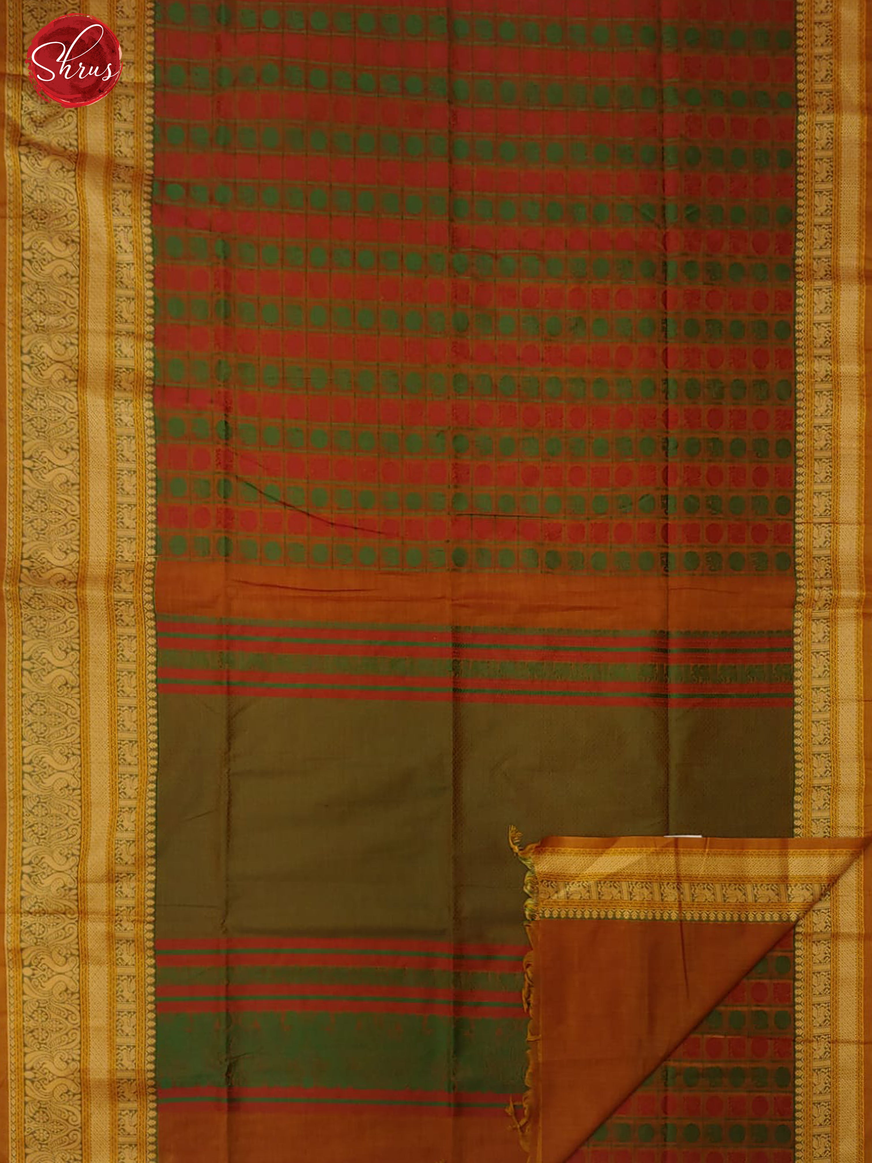 Green and brick - Kanchi Cotton with thread woven buttas on the body and zari border - Shop on ShrusEternity.com