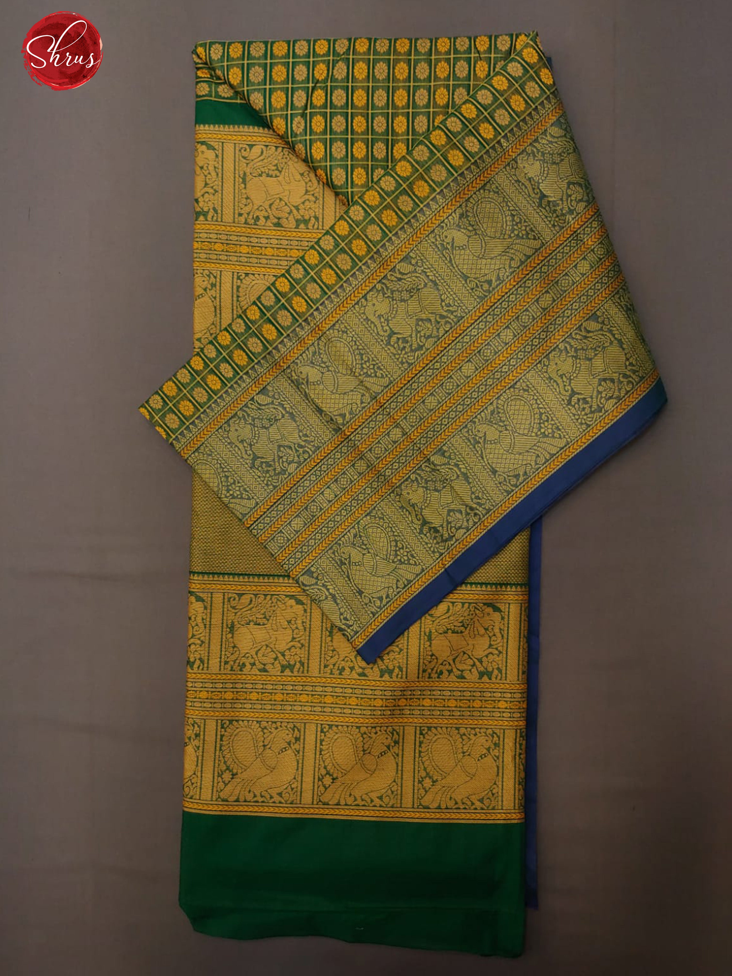 Green and Blue- Kanchi Cotton with thread woven buttas on the body and zari border - Shop on ShrusEternity.com