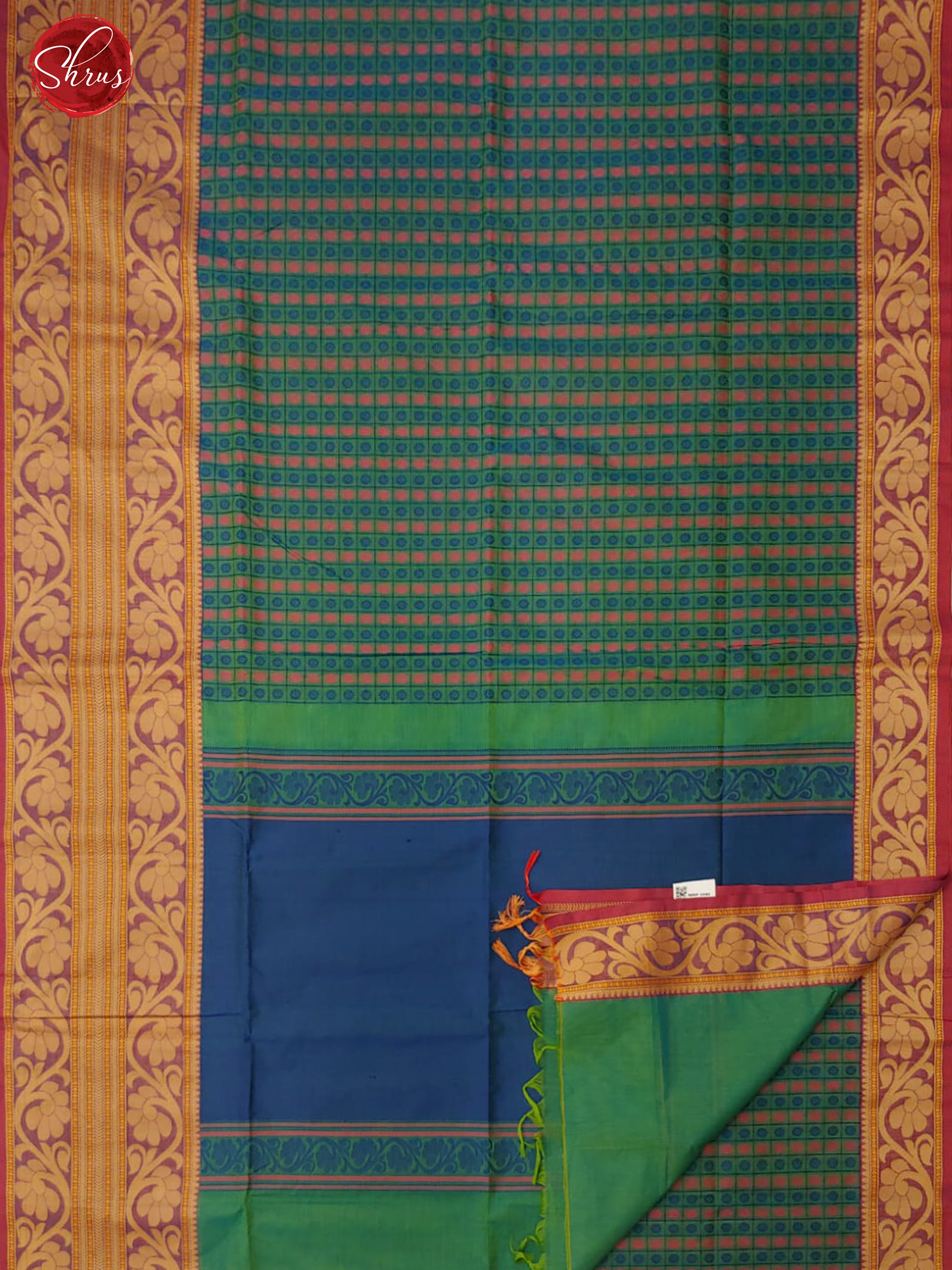Green and Blue- Kanchi Cotton with thread woven buttas on the body and border - Shop on ShrusEternity.com