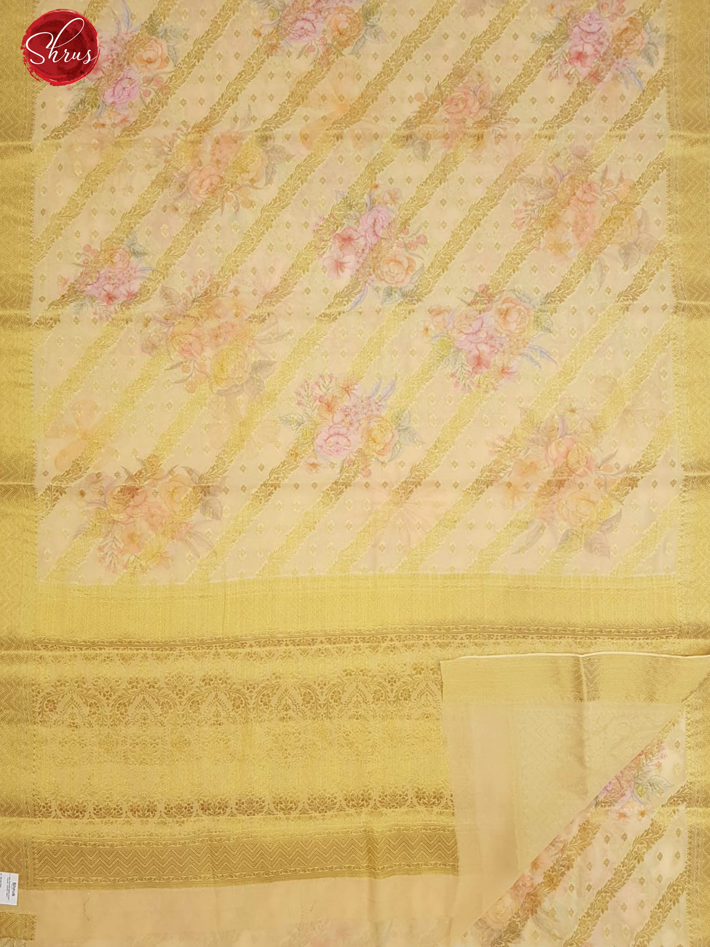 Yellow(Single Tone)- Semi Chiffon with floral print ,  zari woven diagonal floral vines  on the body & Zari Border - Shop on ShrusEternity.com