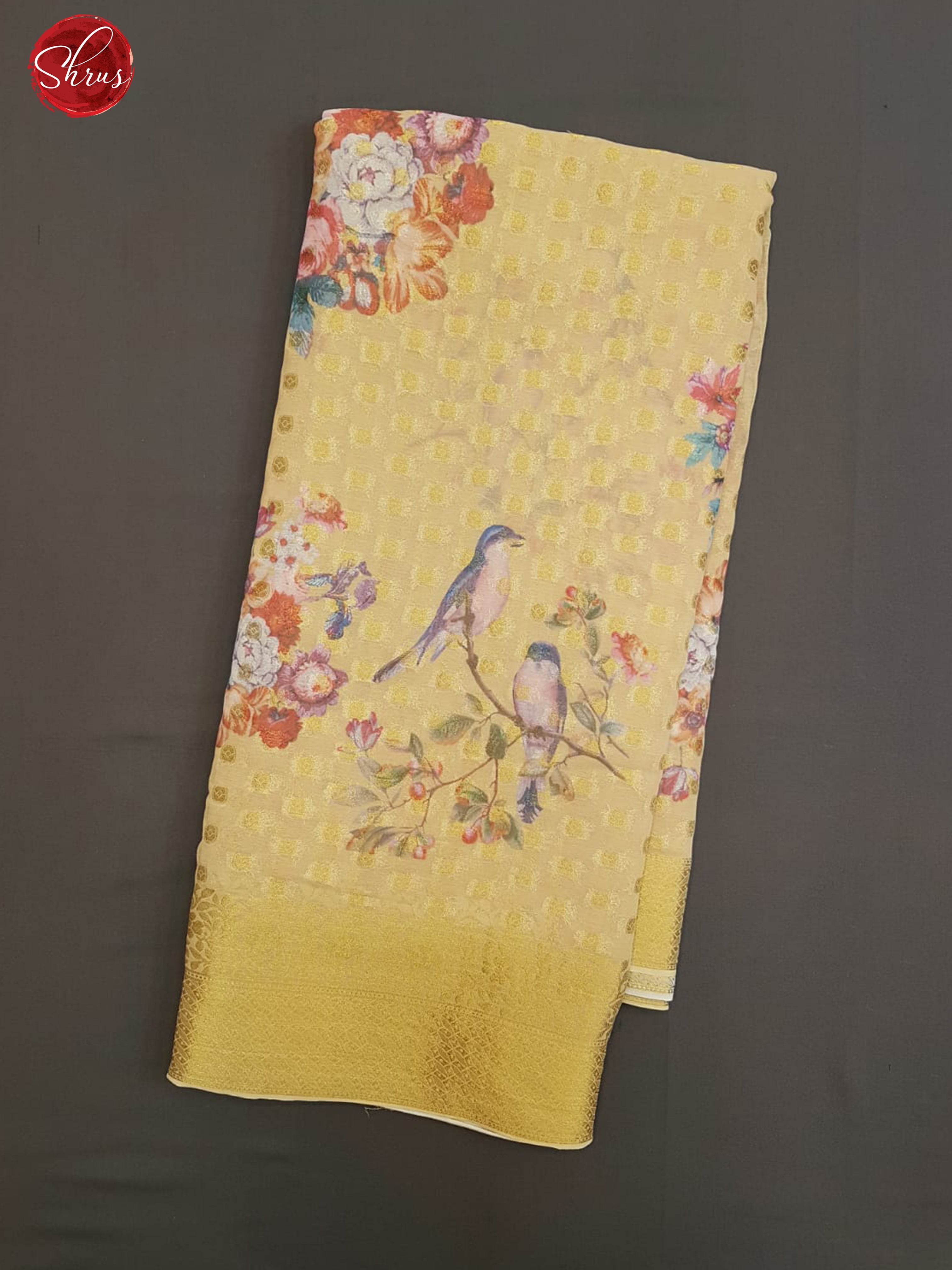 Yellow(Single tone)- Semi Chiffon with zari floral buttas ,  floral print  on the body & Zari Border - Shop on ShrusEternity.com