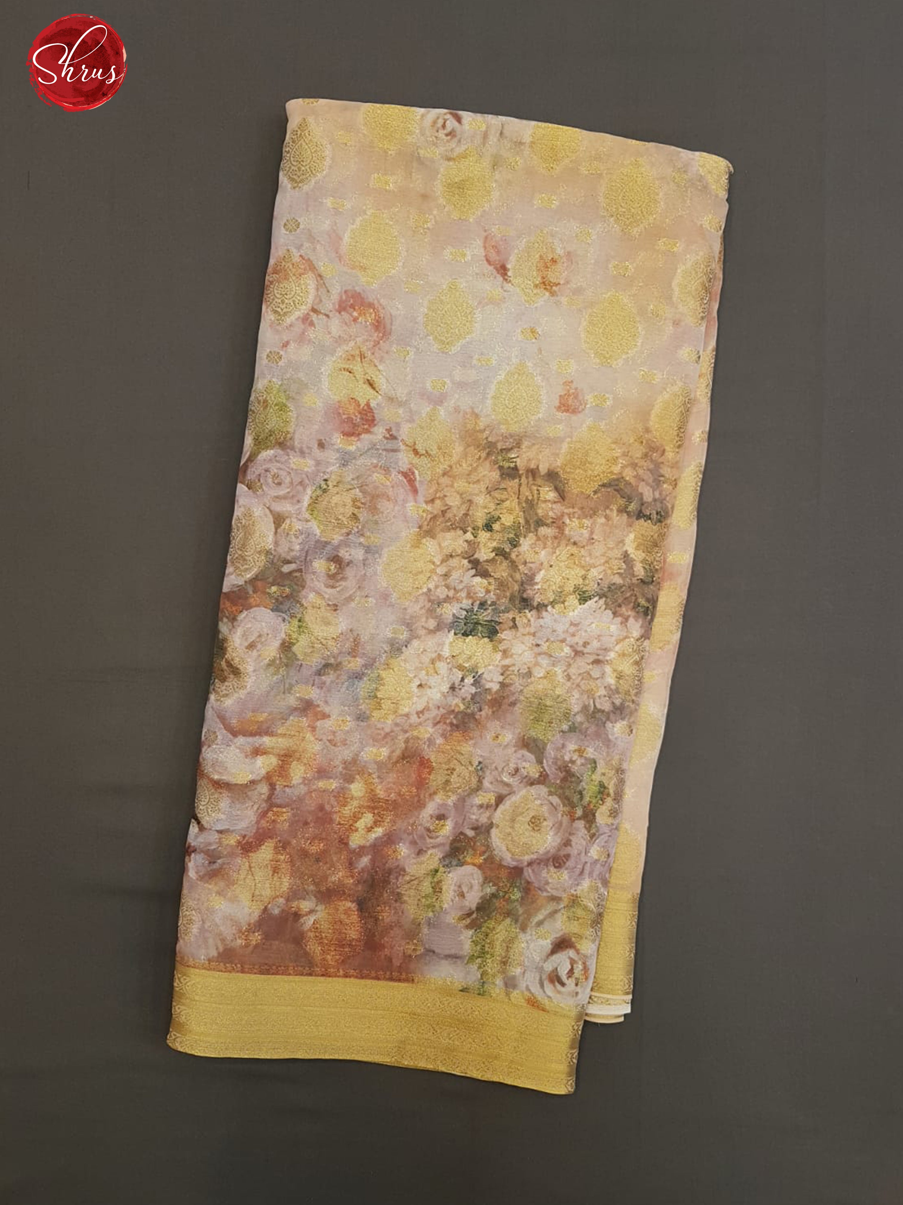 Peach(Single tone)- Semi Chiffon with zari floral buttas ,  floral print  on the body & Zari Border - Shop on ShrusEternity.com