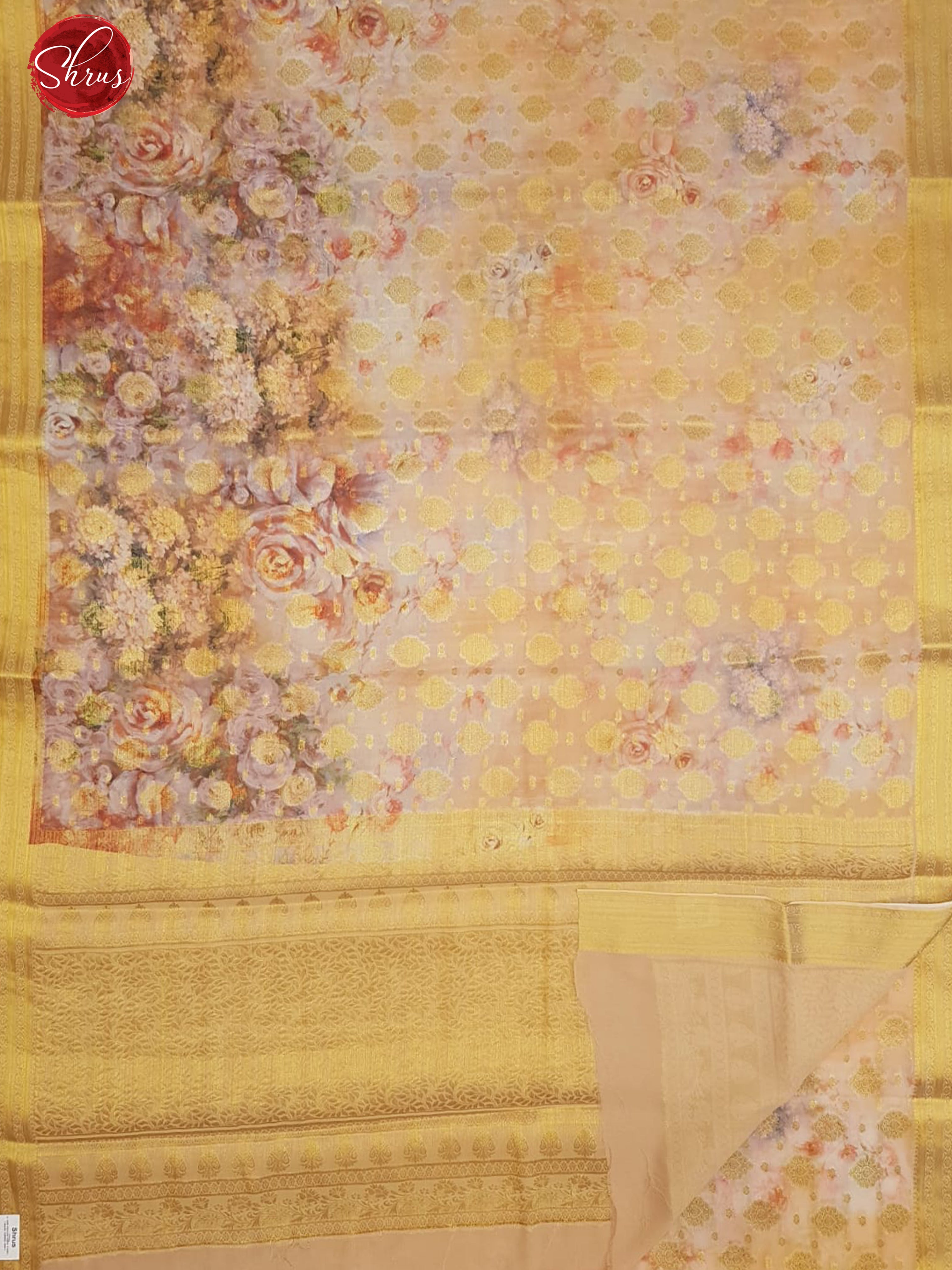 Peach(Single tone)- Semi Chiffon with zari floral buttas ,  floral print  on the body & Zari Border - Shop on ShrusEternity.com