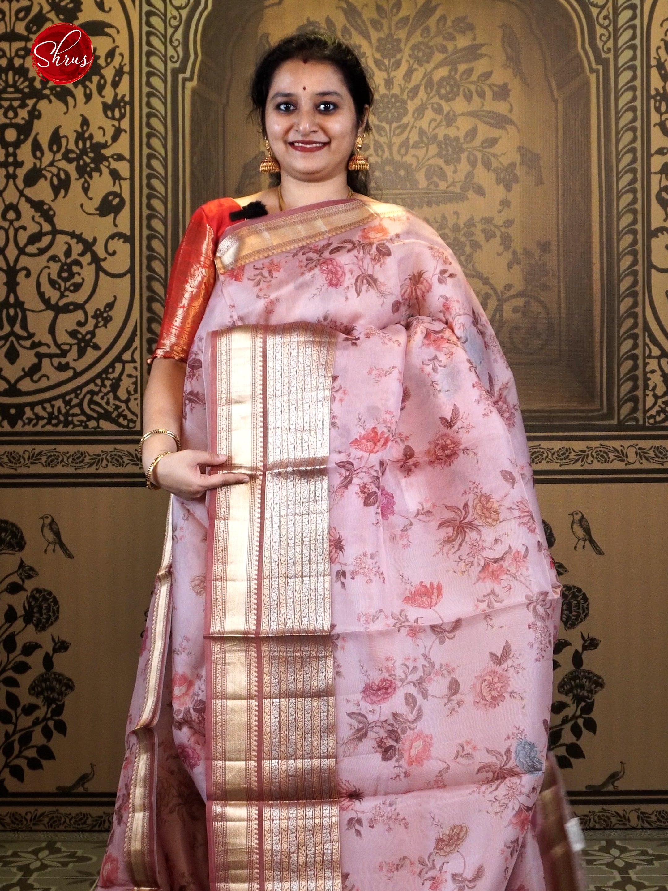 Light Pink(Single tone) - Organza with floral print on the body and zari border - Shop on ShrusEternity.com
