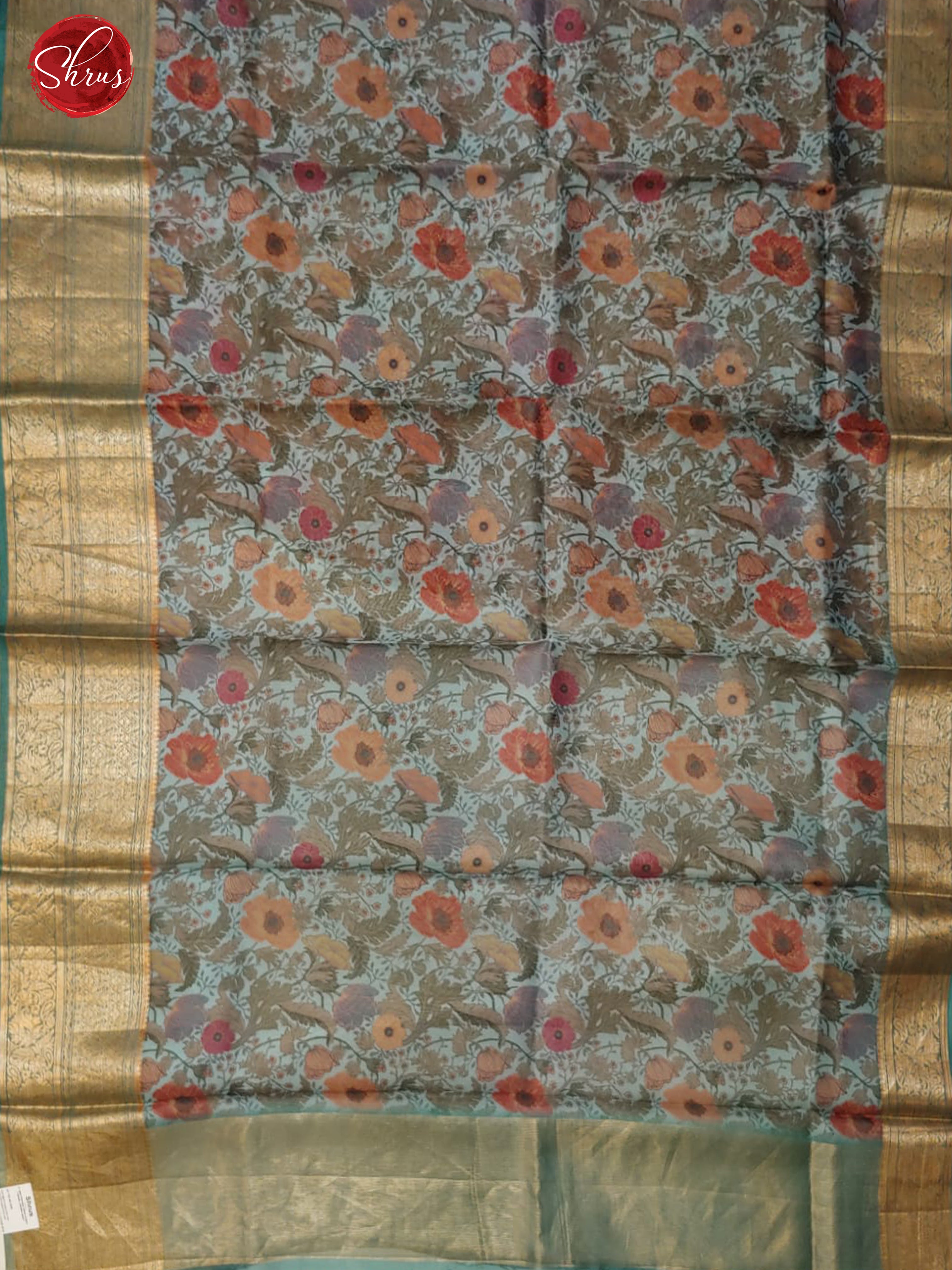 Greenish Grey(Single tone)- Organza with floral print on the body and contrast zari border - Shop on ShrusEternity.com