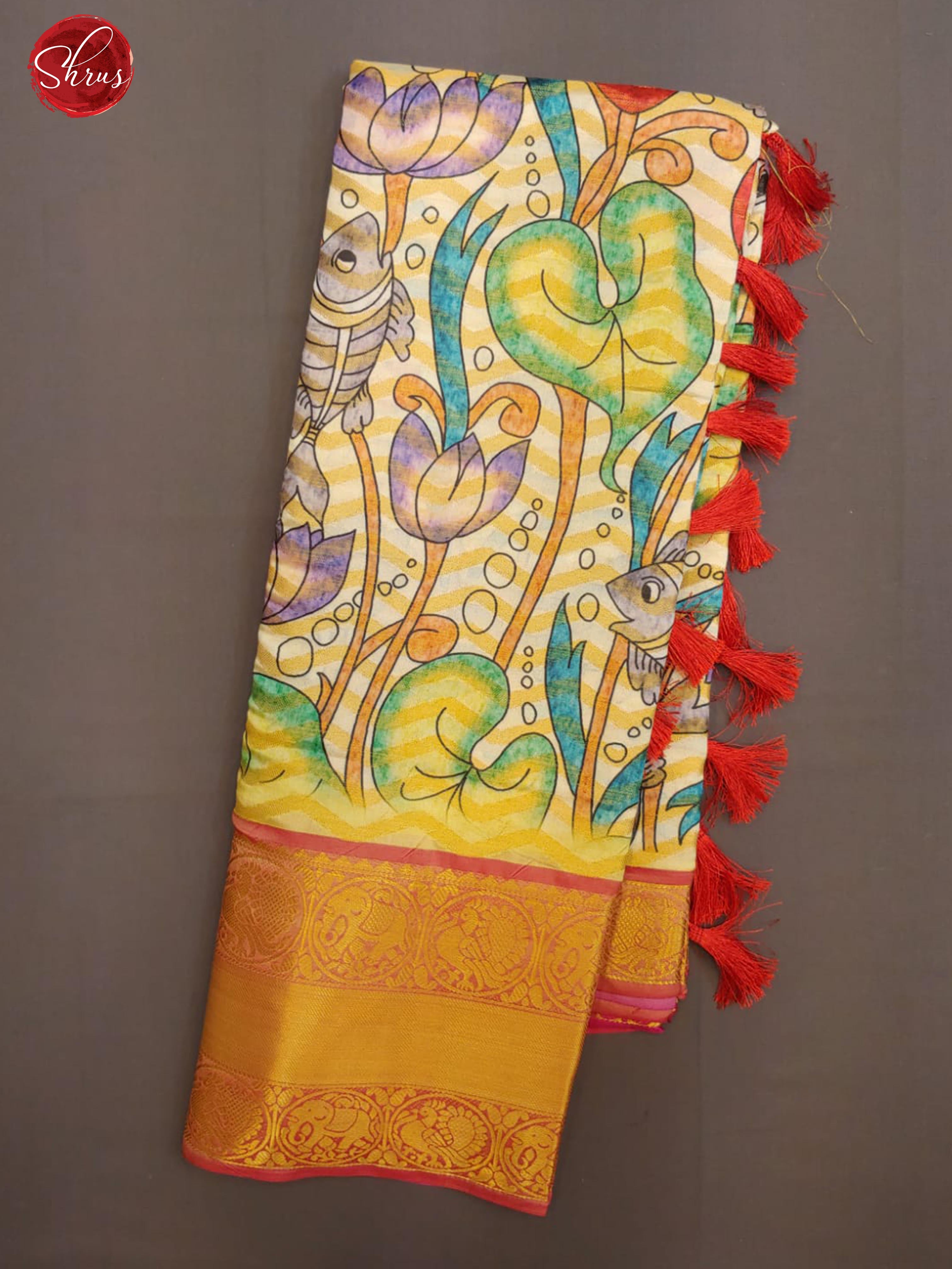 Cream & Pink - Semi Dupion with Kalamkari print on the body and contrast zari border - Shop on ShrusEternity.com