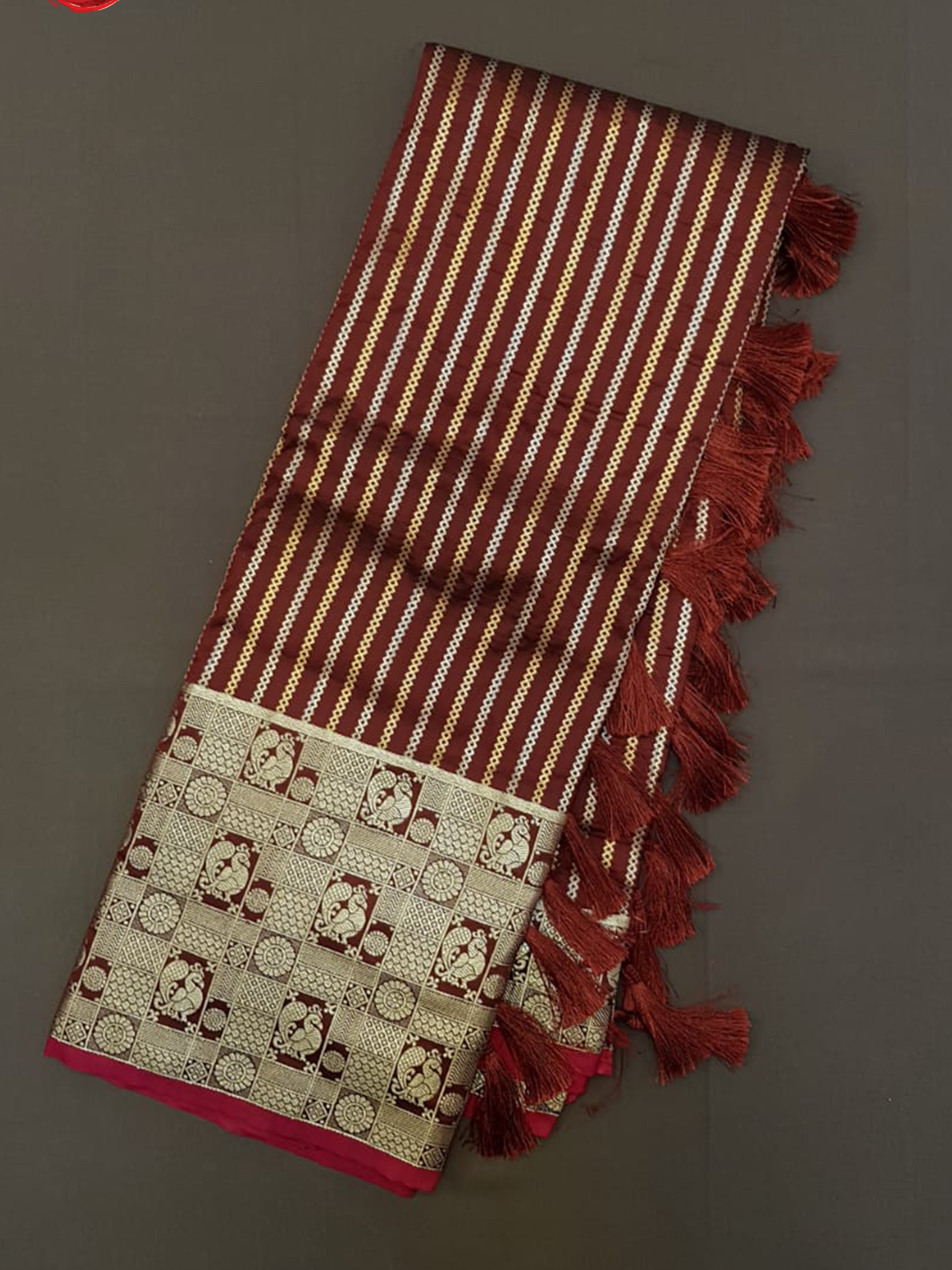 Brown(Single Tone)- Semi Kanchipuram SIlk with zari stripes on the body& Zari Border - Shop on ShrusEternity.com