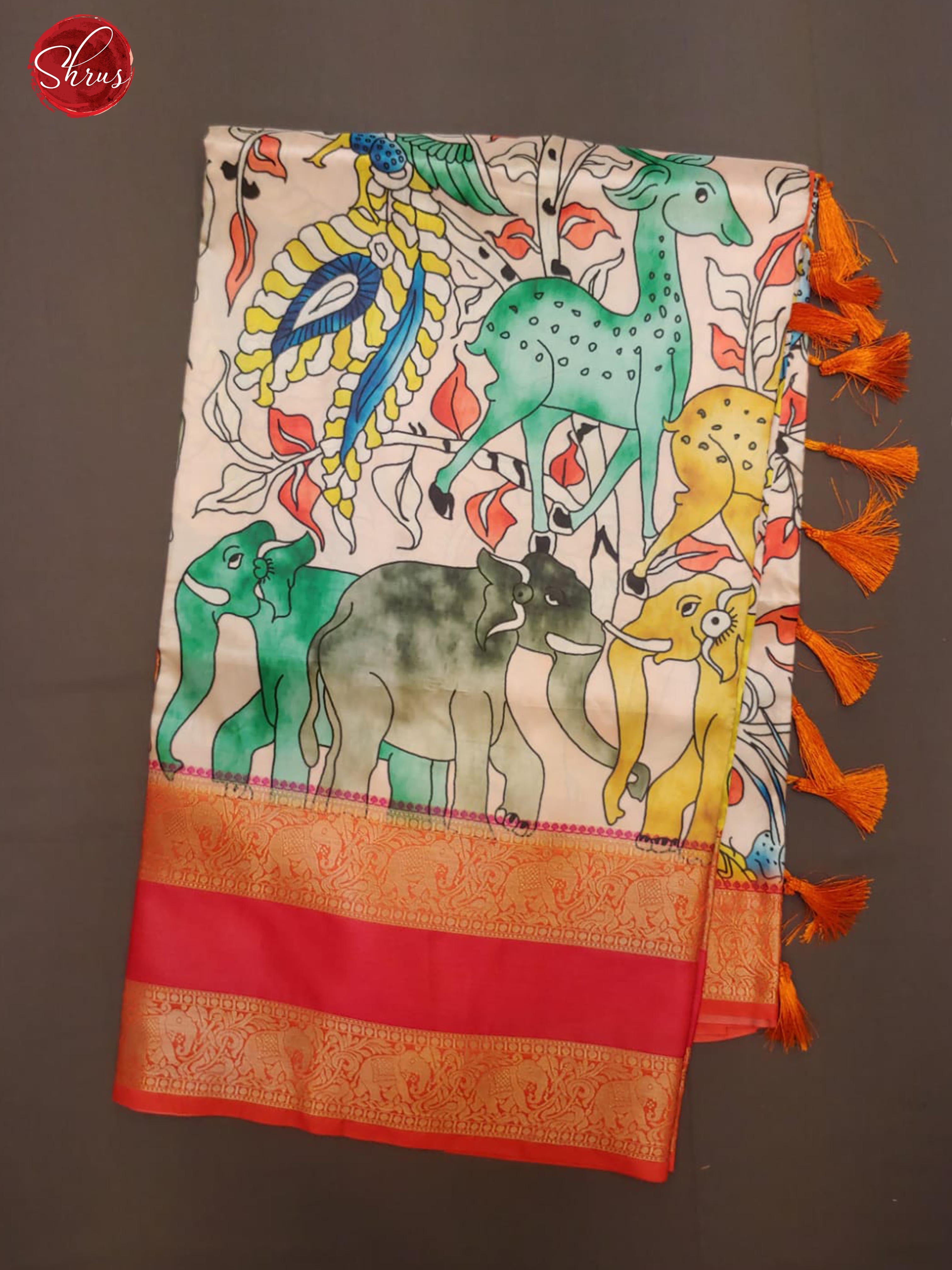 Cream & Orange- Semi Dupion with Kalamkari print on the body and contrast zari border - Shop on ShrusEternity.com