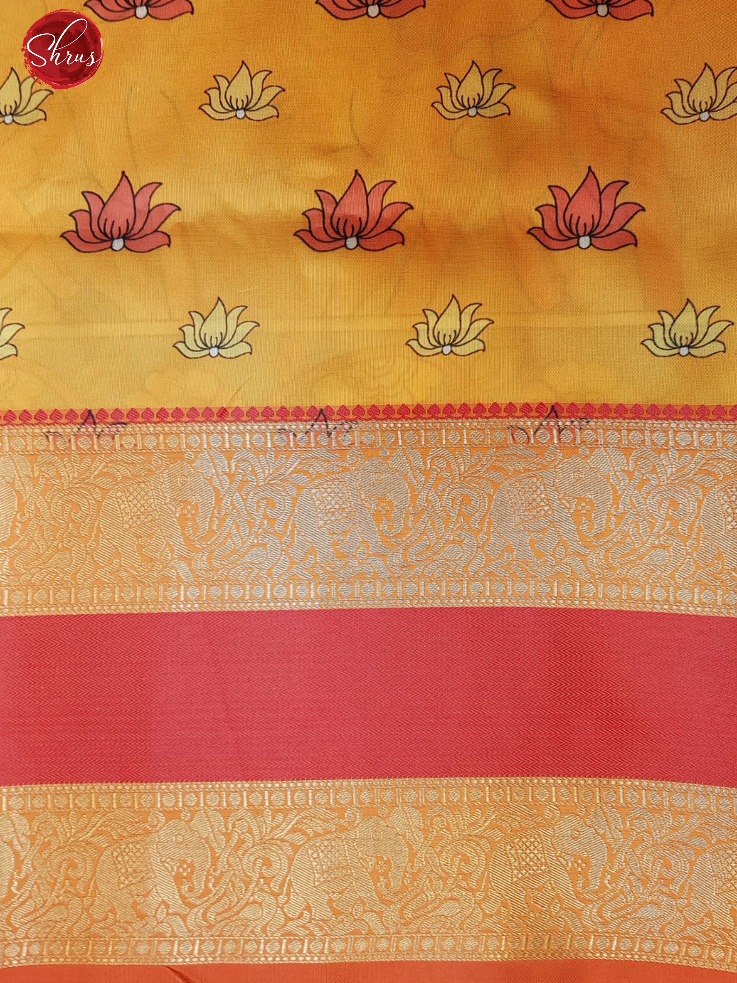 Grey & Yellow -Semi Dupion with kalamkari  print on the body and contrast zari border - Shop on ShrusEternity.com