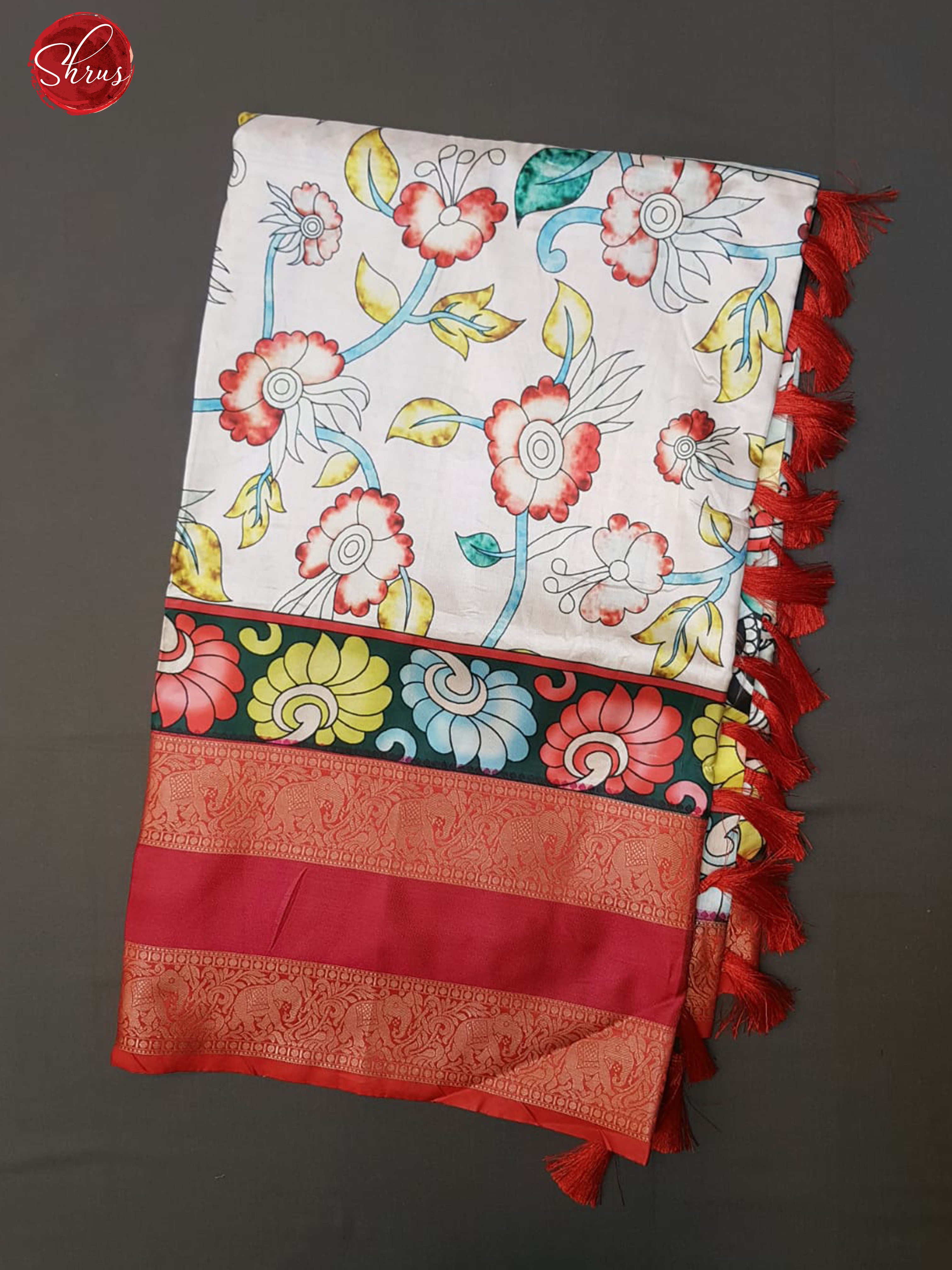 Cream & Red - Semi Dupion with floral print on the body & Zari Border - Shop on ShrusEternity.com