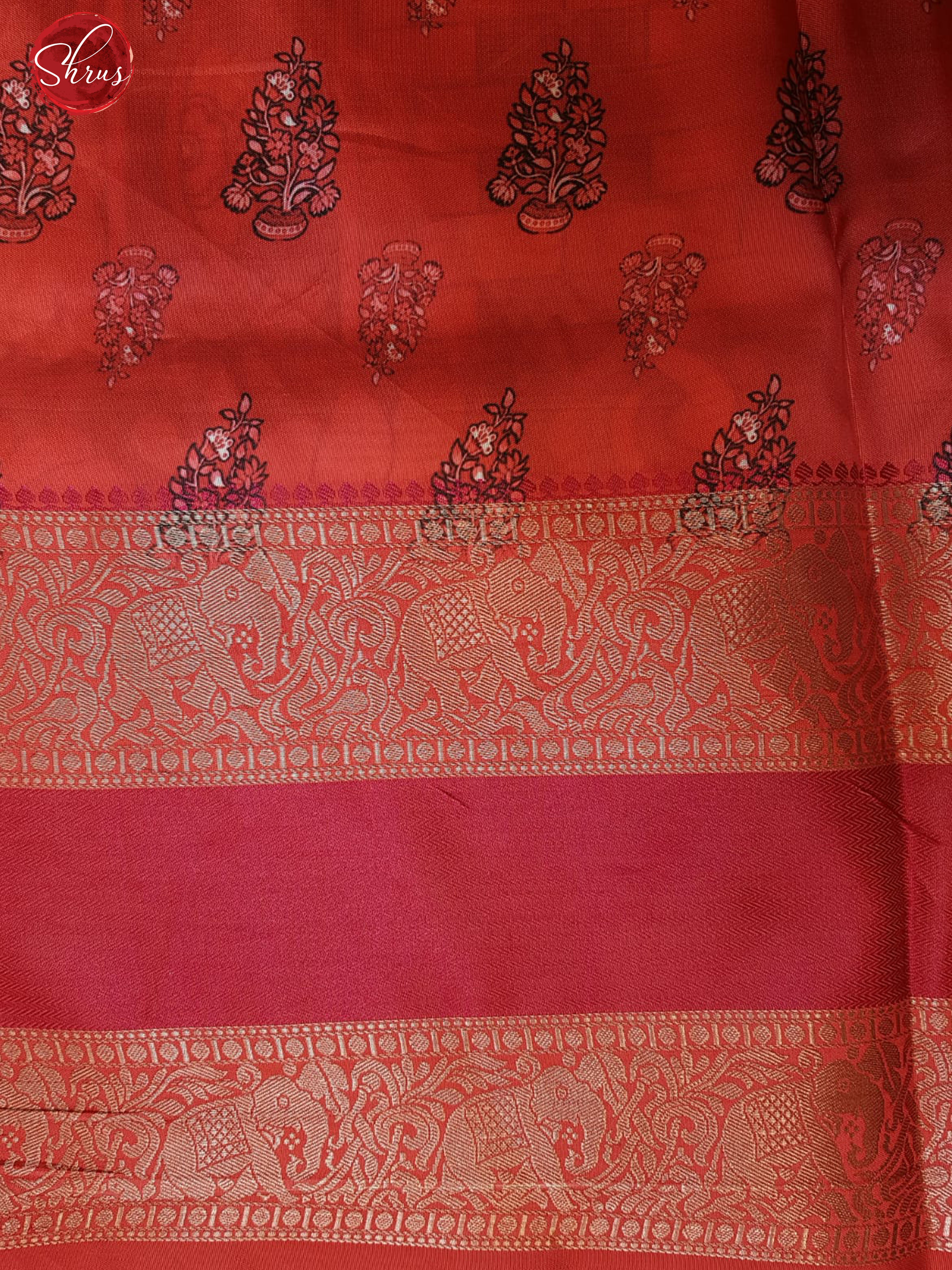 Cream & Red - Semi Dupion with floral print on the body & Zari Border - Shop on ShrusEternity.com