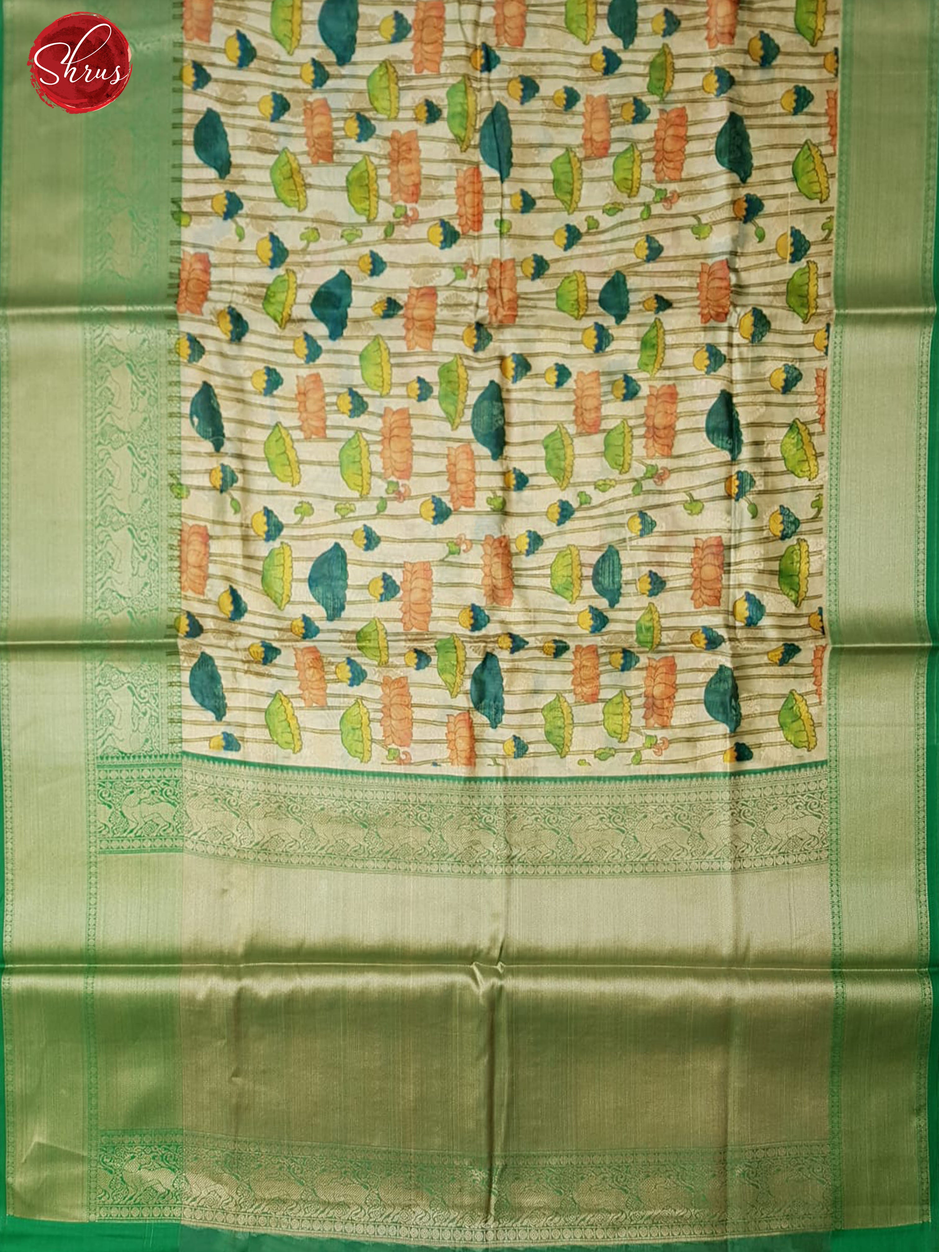 Cream & Green-Semi Dupion with floral  print on the body and contrast zari border - Shop on ShrusEternity.com
