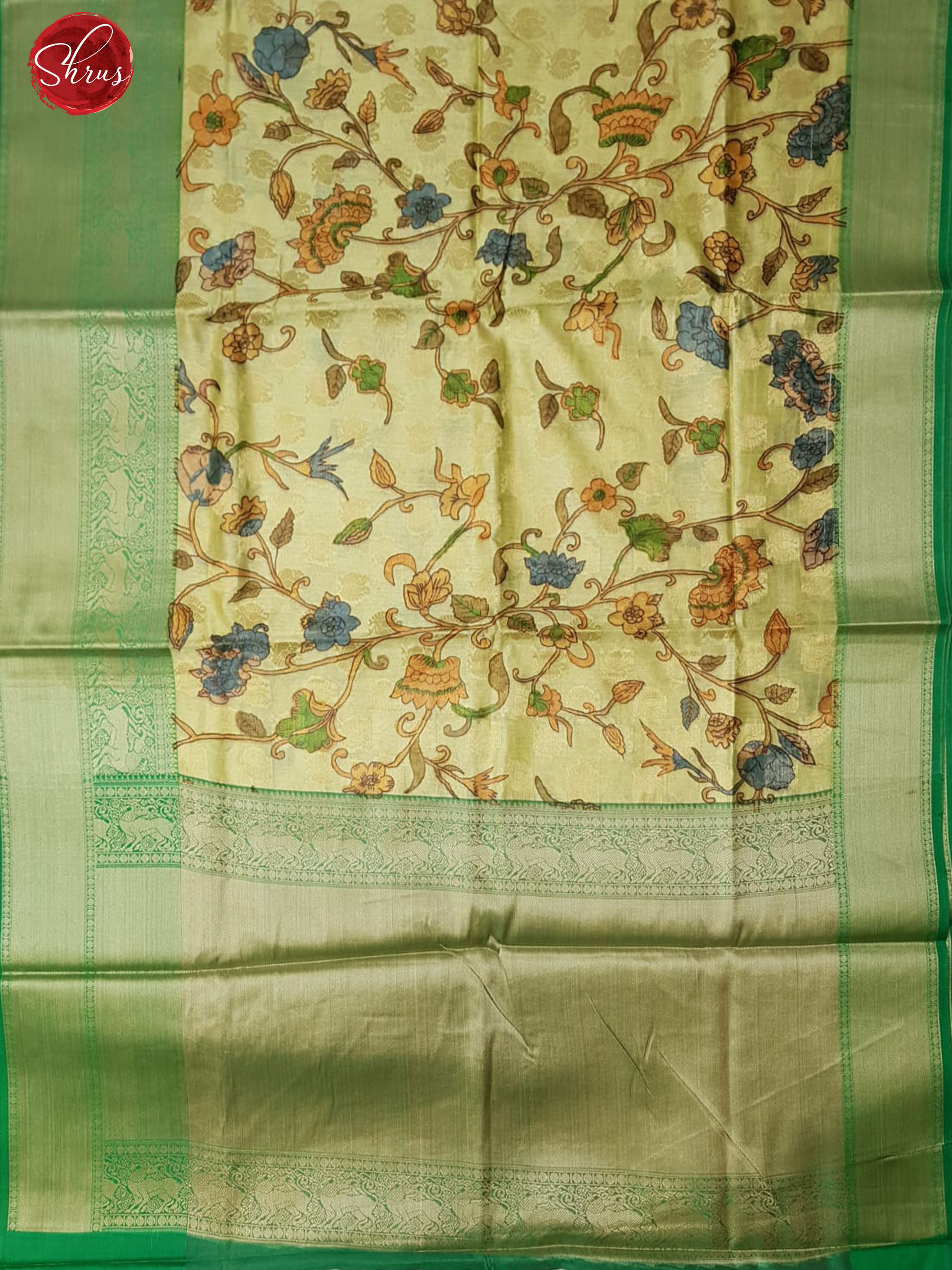 Cream & Green-Semi Dupion with floral  print on the body and contrast zari border - Shop on ShrusEternity.com