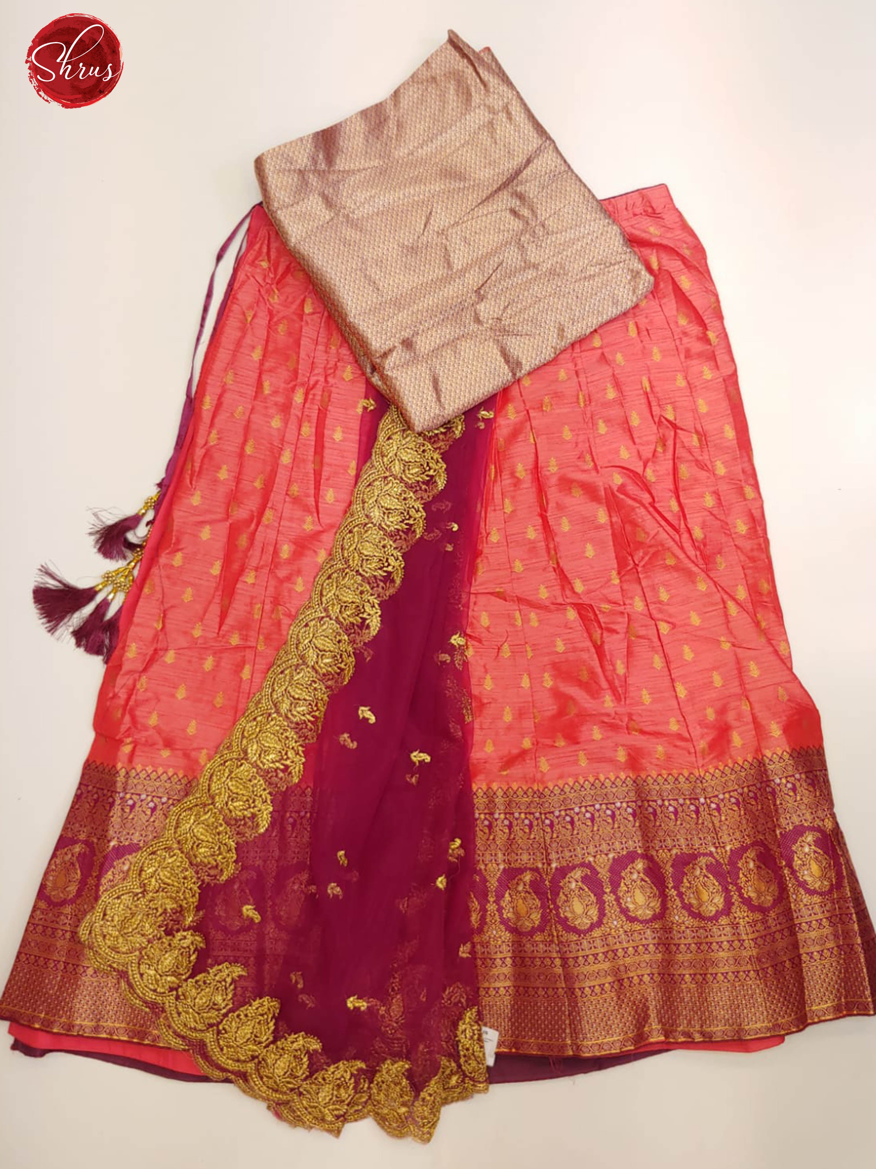 Orangish Pink & Purple - Chiffon Semi Stitched Lehenga with zari buttas on the skirt & Contrast Dupatta - Shop on ShrusEternity.com