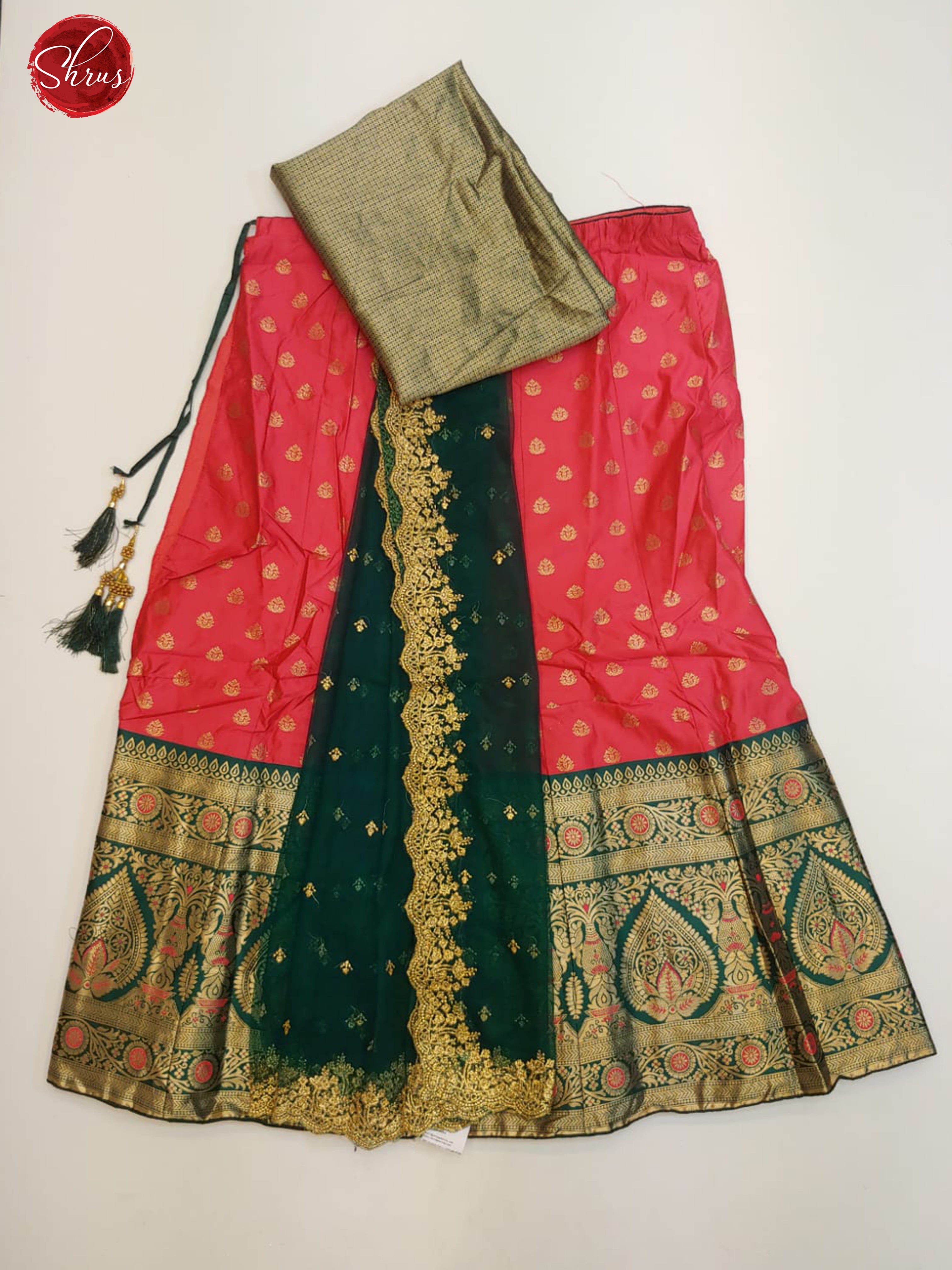 Pink & Green- Chiffon Semi Stitched Lehenga with zari buttas on the skirt & Contrast Dupatta - Shop on ShrusEternity.com