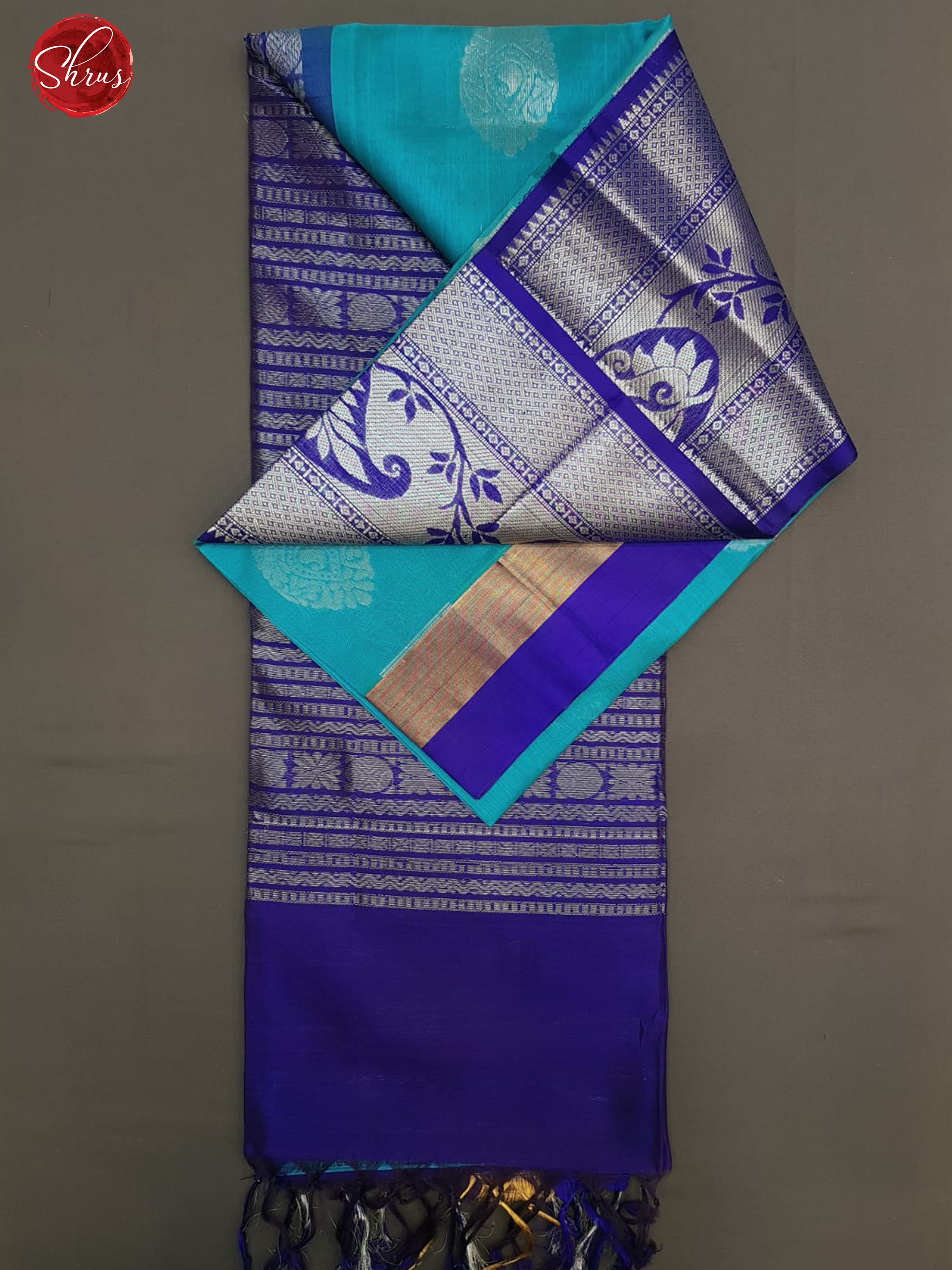 Teal Blue & Blue - Silk Cotton with zari woven floral motifs on the body & Contrast Zari border - Shop on ShrusEternity.com