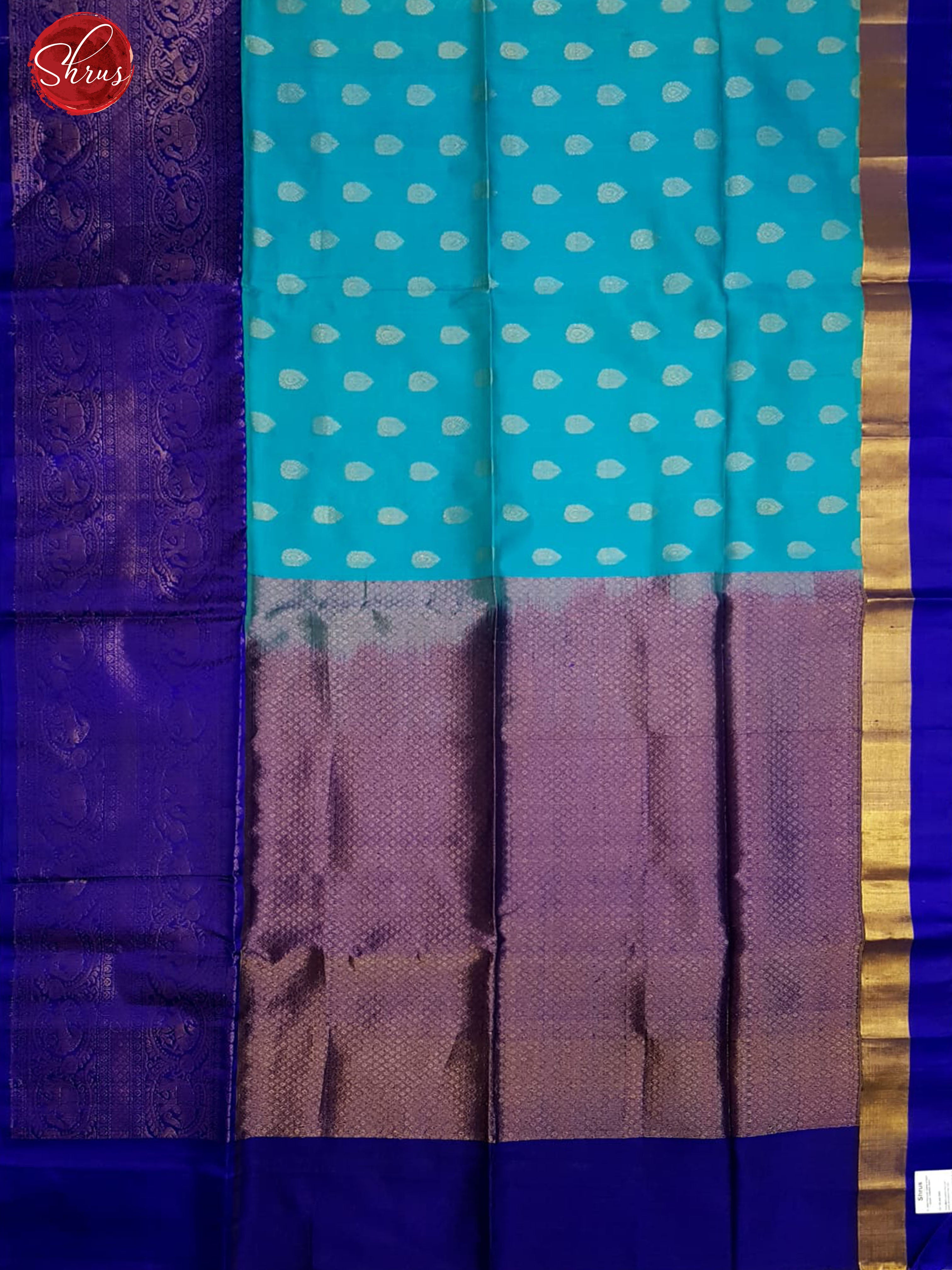 Teal & Blue - Silk Cotton with zari buttas on the body & Contrast zari border - Shop on ShrusEternity.com