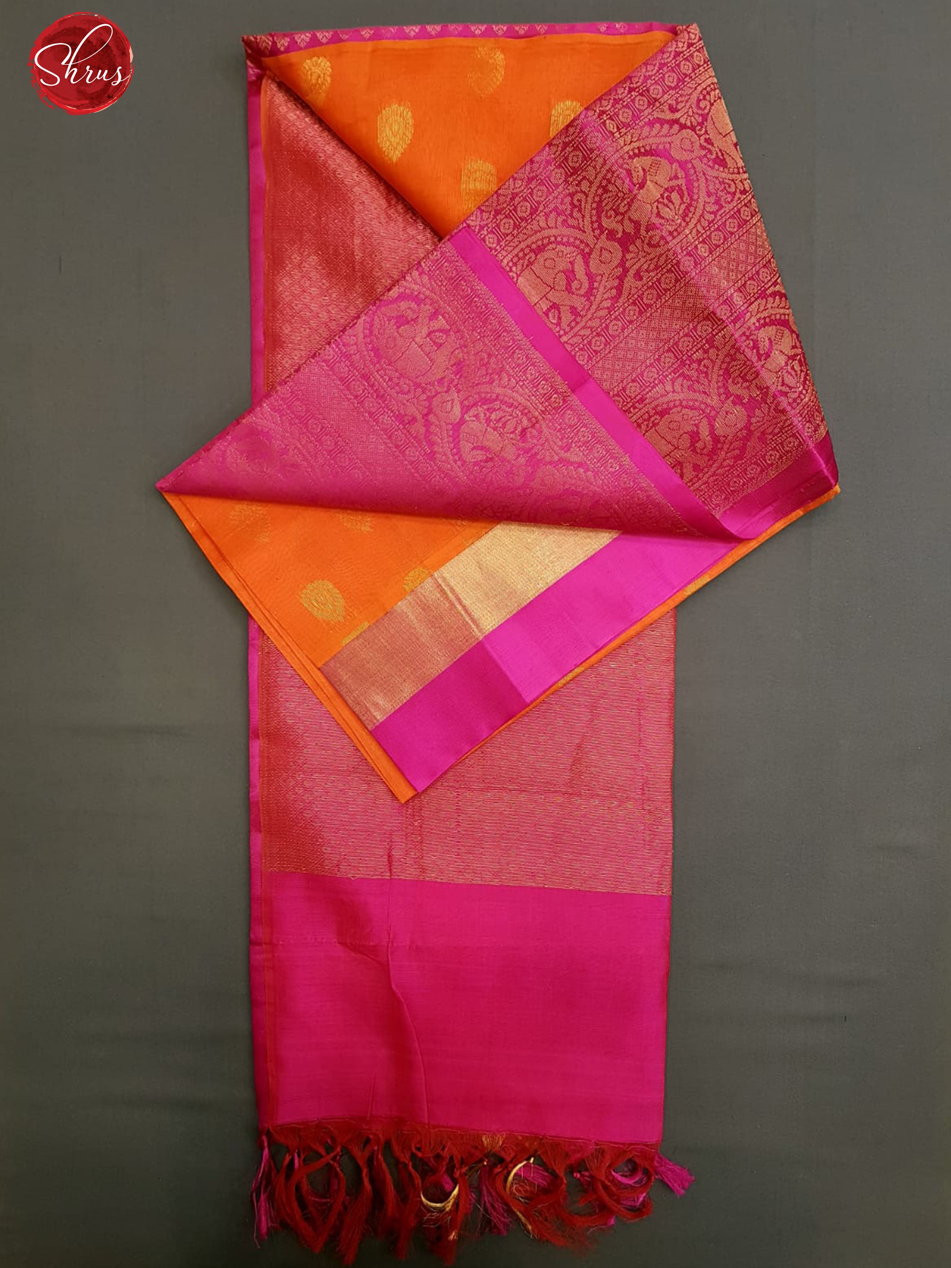 Orange & Pink- Silk Cotton with zari buttas on the body & Contrast Zari Border - Shop on ShrusEternity.com