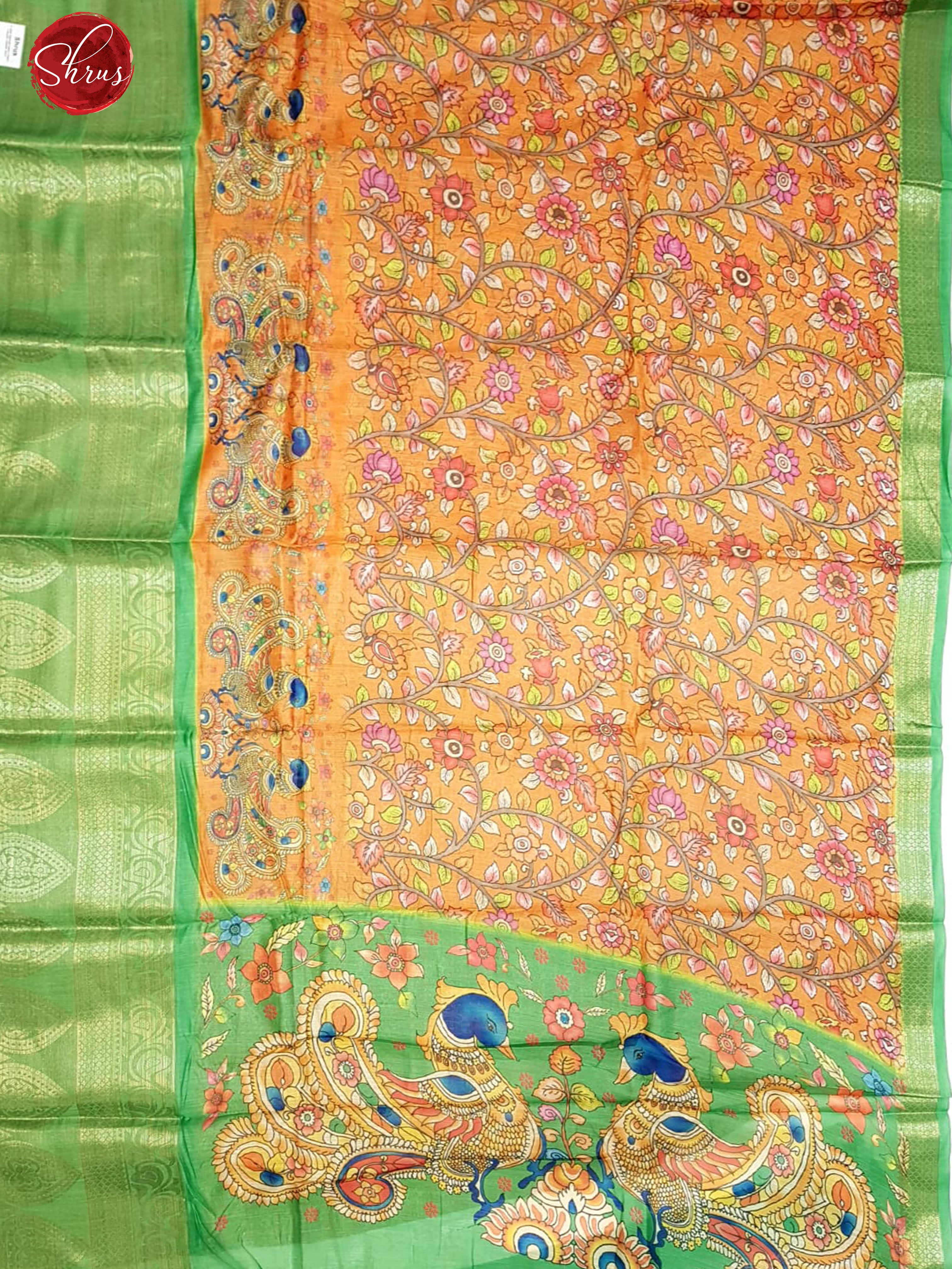 Orange & Green - Art Linen with kalamkari floral rint on the body & Contrast Zari Border - Shop on ShrusEternity.com