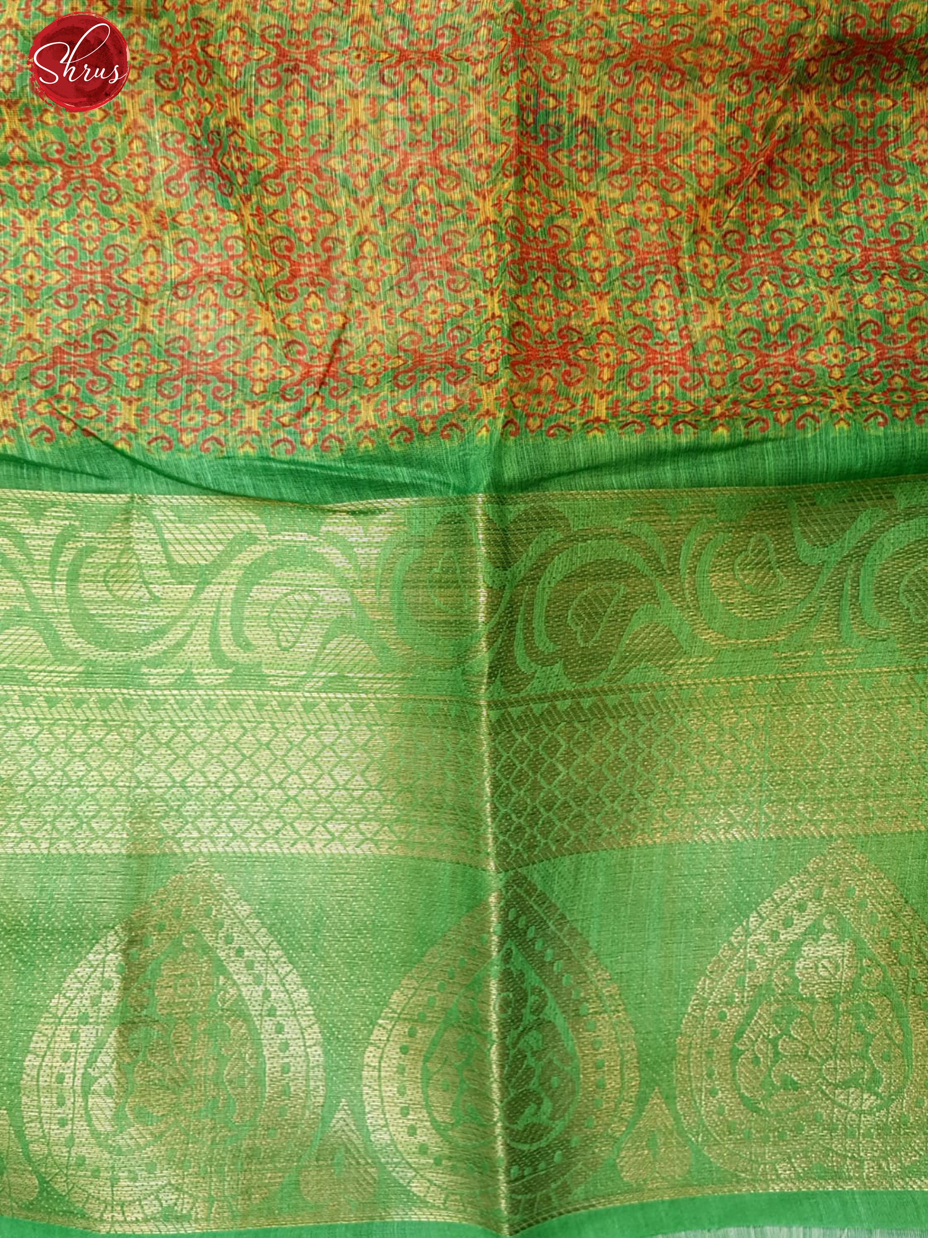 Orange & Green - Art Linen with kalamkari floral rint on the body & Contrast Zari Border - Shop on ShrusEternity.com