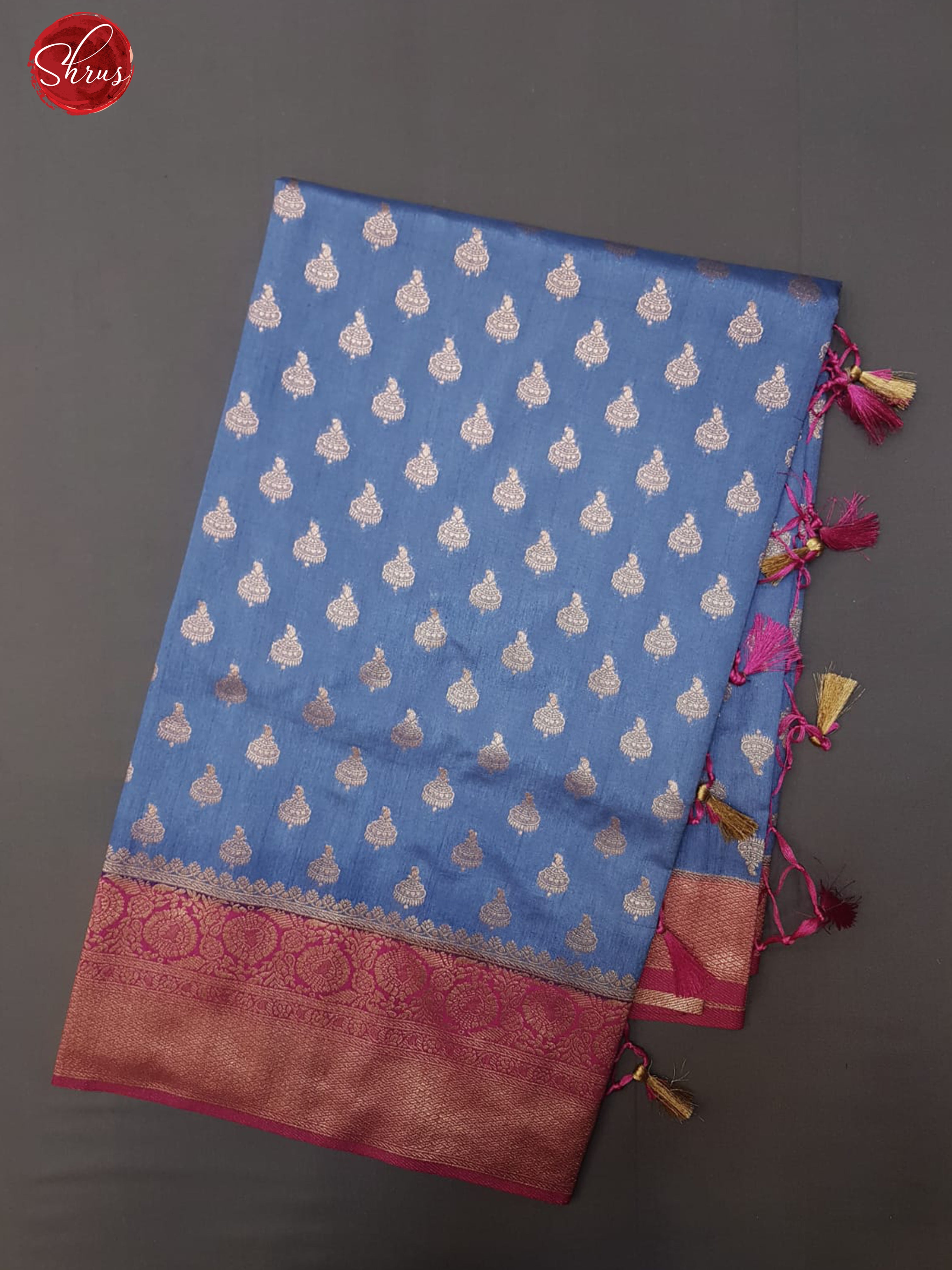 Blue & Pink - Semi Dupion with zari woven floral buttas on the body& Zari border - Shop on ShrusEternity.com