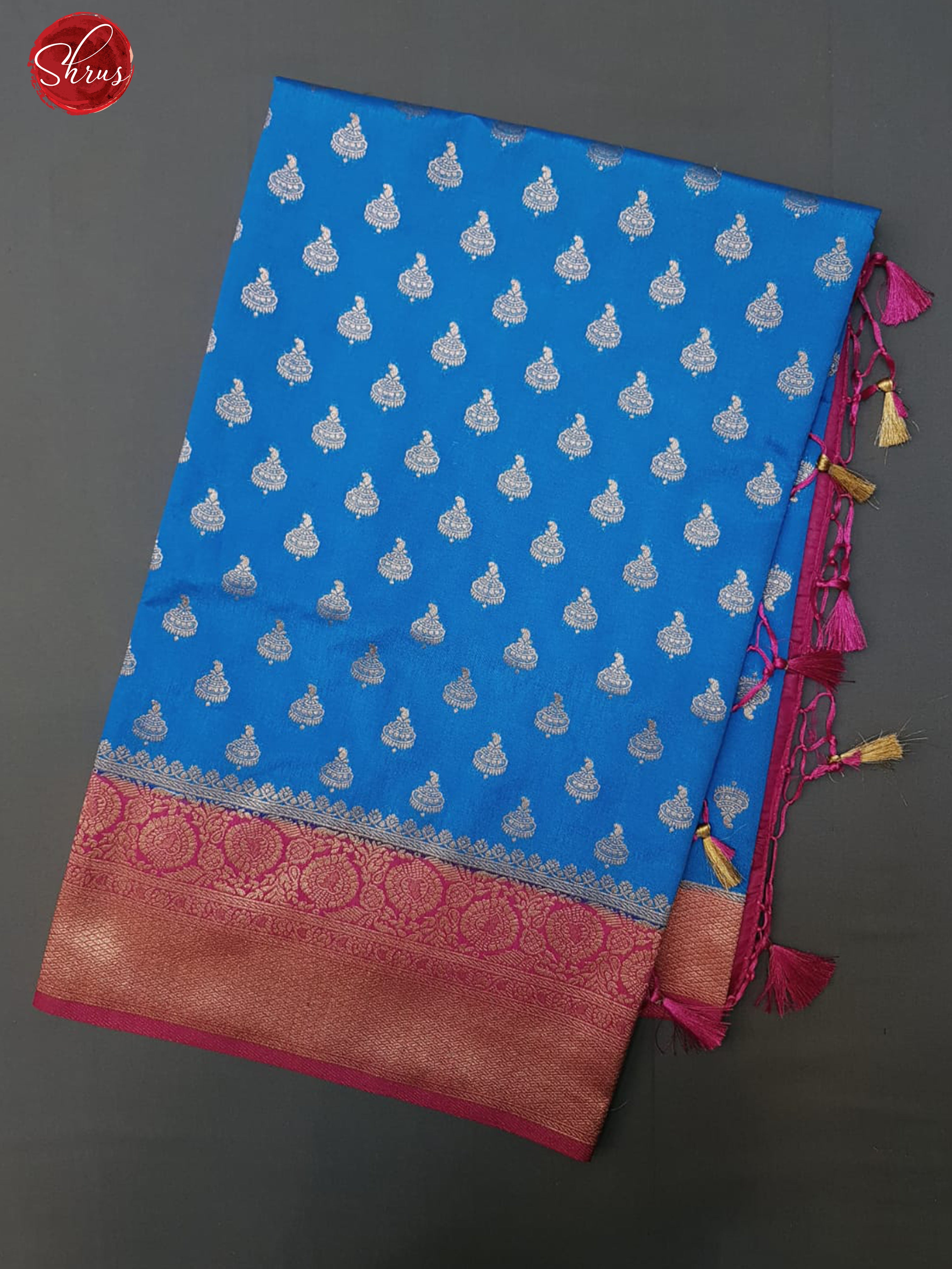 Blue & Pink - Semi Dupion with zari buttas on the body & Contrast Zari Border - Shop on ShrusEternity.com