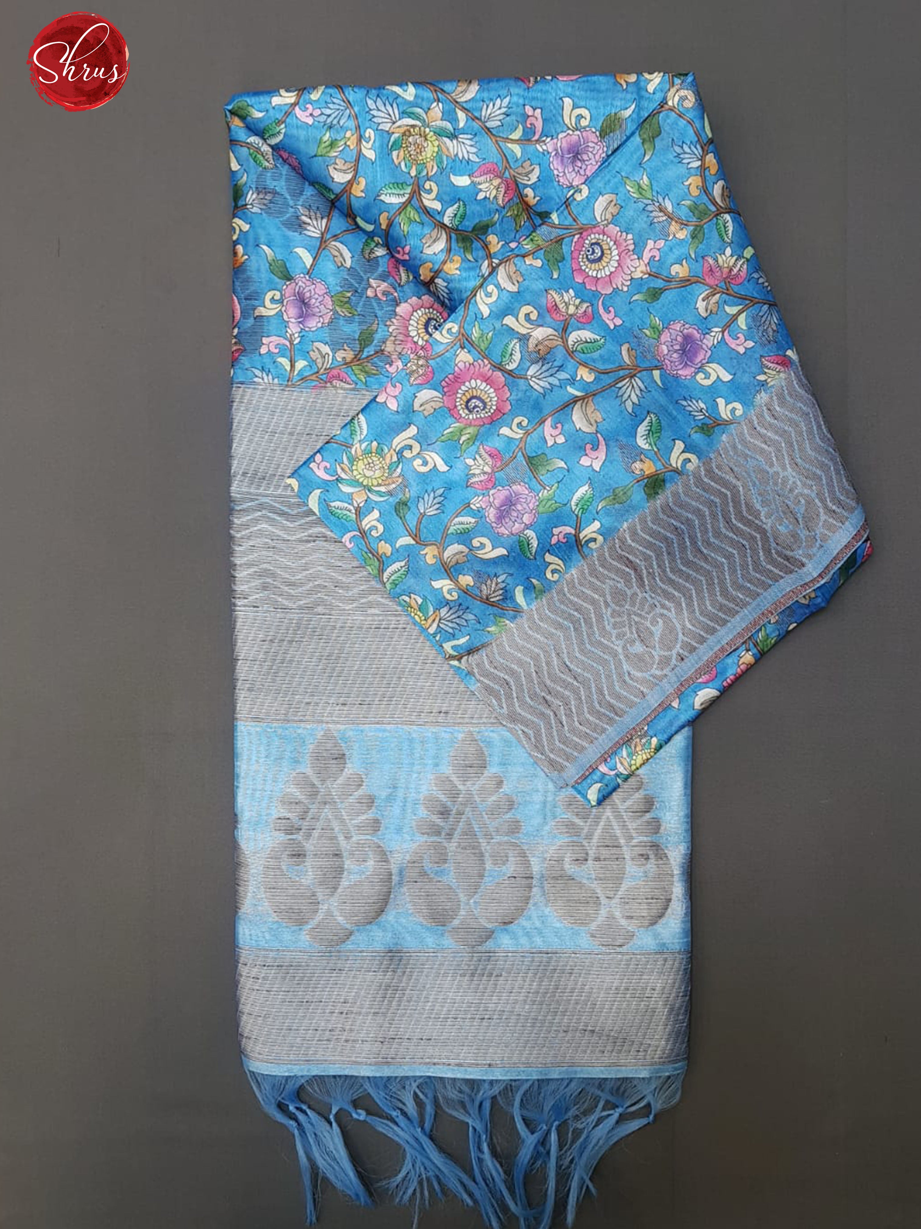 Blue(Single Tone)-  Semi Tussar with  floral print on the body& Border - Shop on ShrusEternity.com